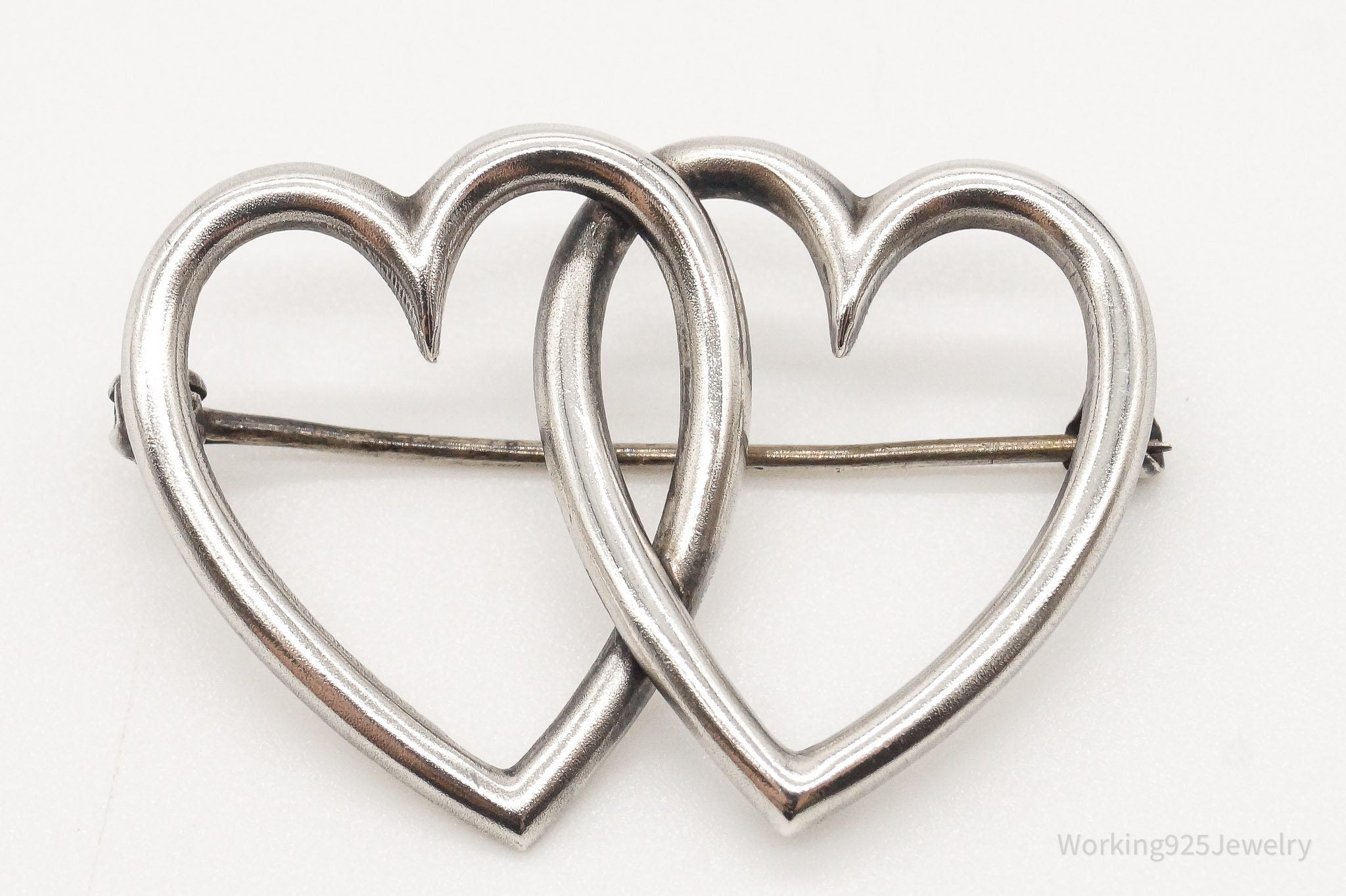 Antique Linked Hearts Sterling Silver Brooch Pin