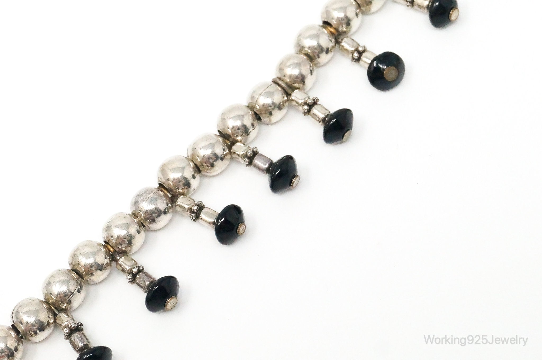 Vintage Black Onyx Ball Bead Sterling Silver Bracelet