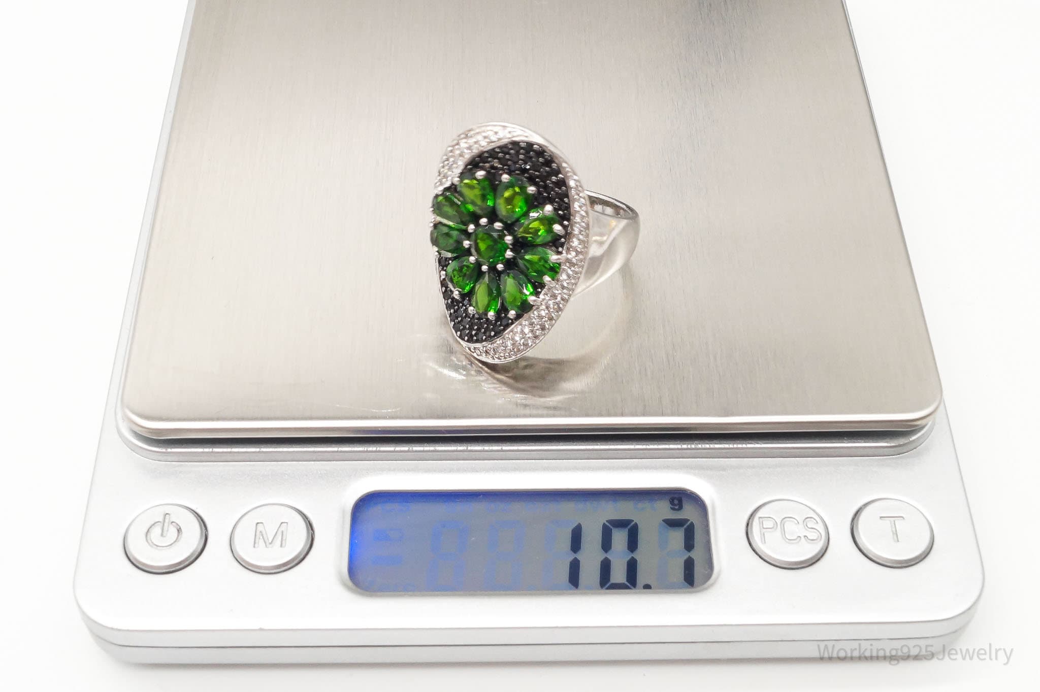 Green Chrome Diopside Black Spinel White Topaz Sterling Silver Ring SZ 10