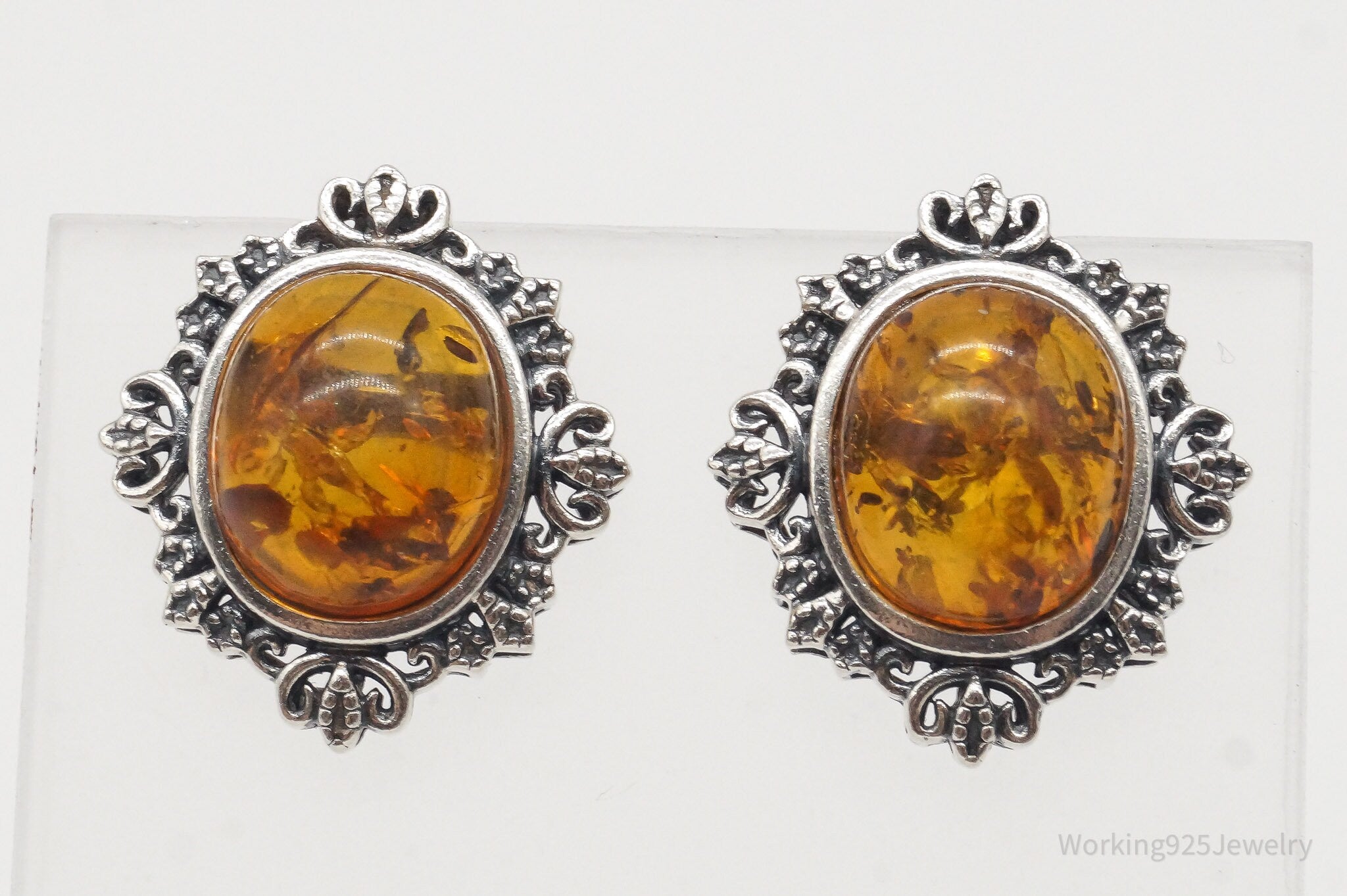 Vintage Amber Sterling Silver Earrings