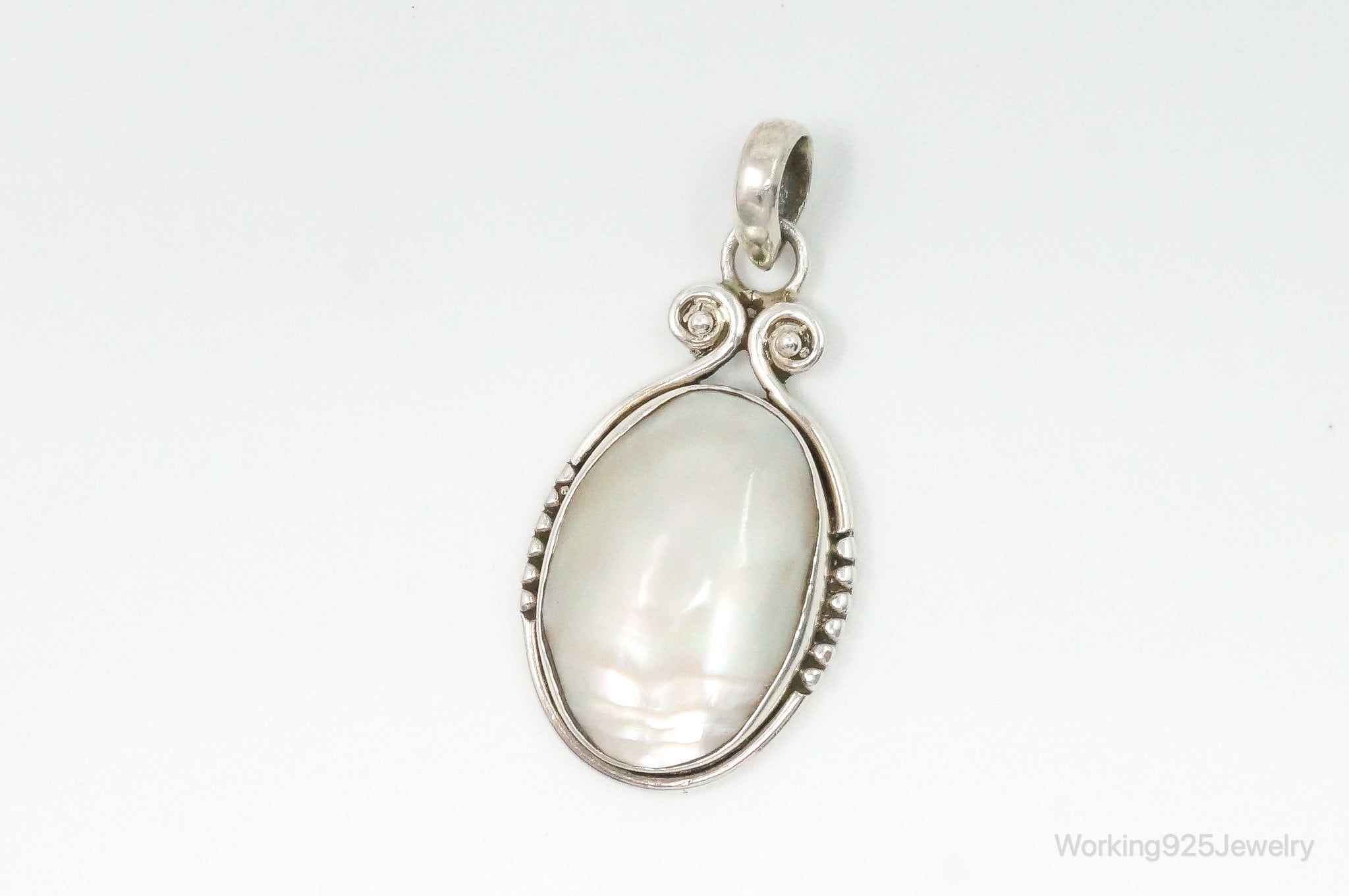 Large Vintage Mother Of Pearl Sterling Silver Pendant