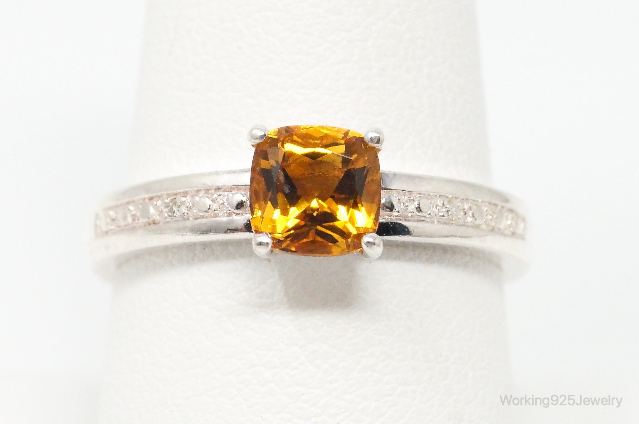 Vintage Cushion Solitaire Citrine 2 Diamond Sterling Silver Ring Size 9