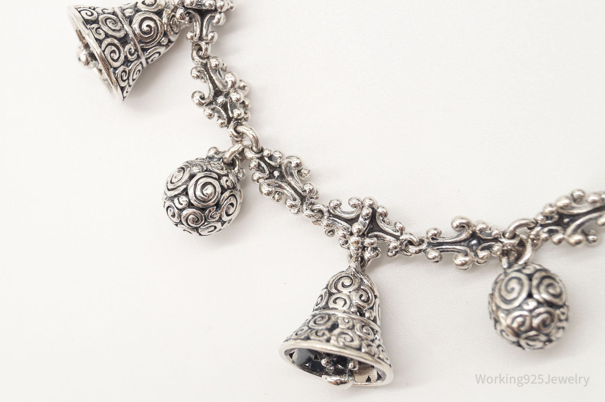 Vintage Designer "Borobudur Bell" Sterling Silver Bell Charms Bracelet