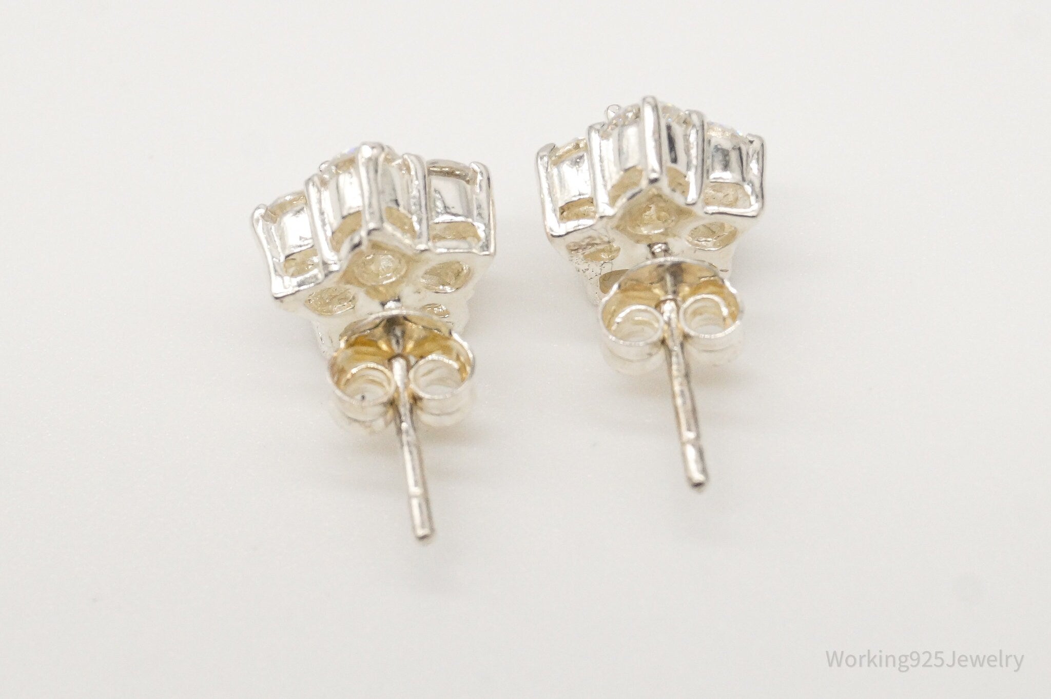 Vintage Cubic Zirconia Flowers Sterling Silver Stud Post Earrings