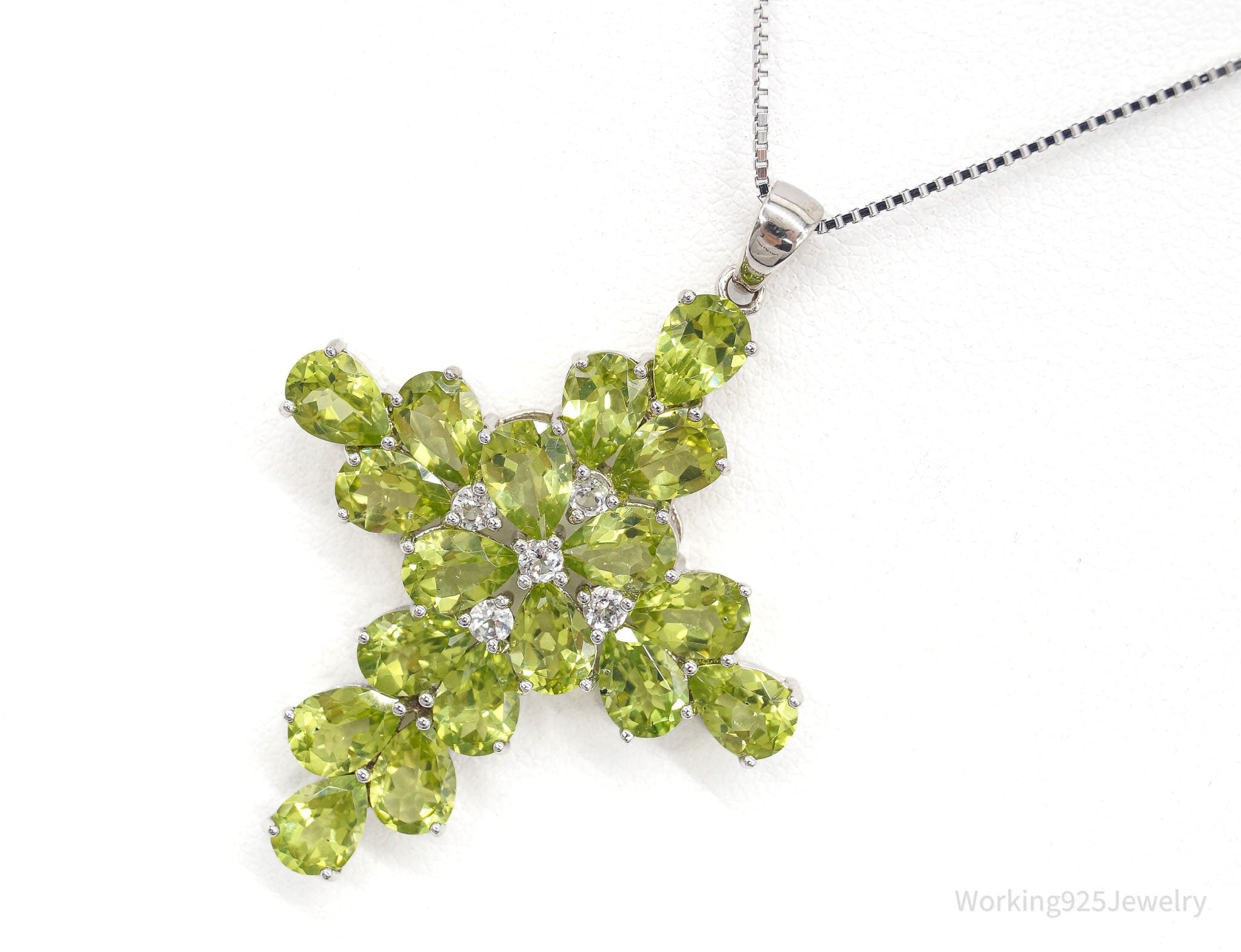 Designer Peridot White Topaz Rhodium Sterling Silver Cross Necklace