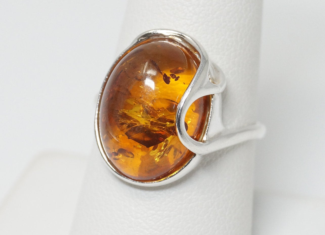 Vintage Amber Modernist Sterling Silver Ring - Size 8.25