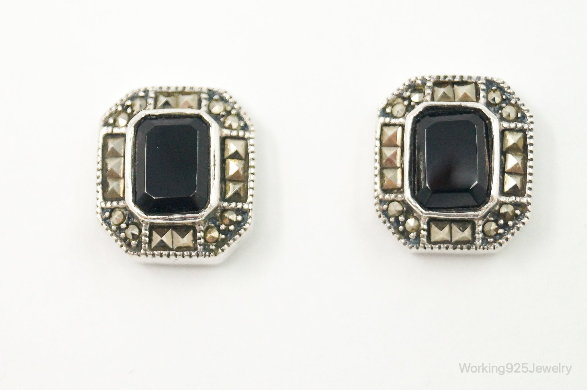 Vintage Designer Judith Jack Black Onyx Marcasite Sterling Silver Earrings