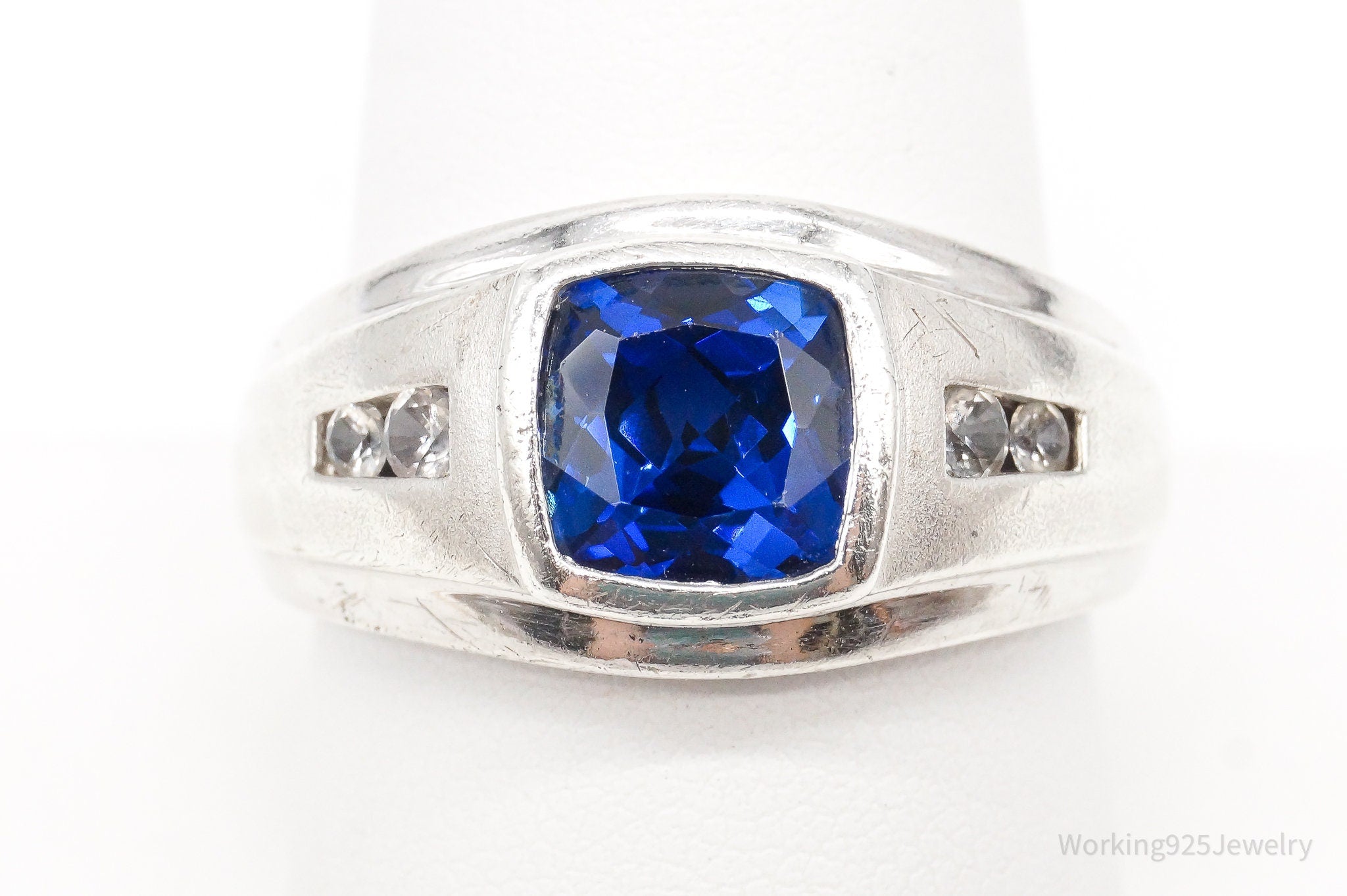 Vintage Lab Sapphire Cubic Zirconia Sterling Silver Ring - Size 9.75