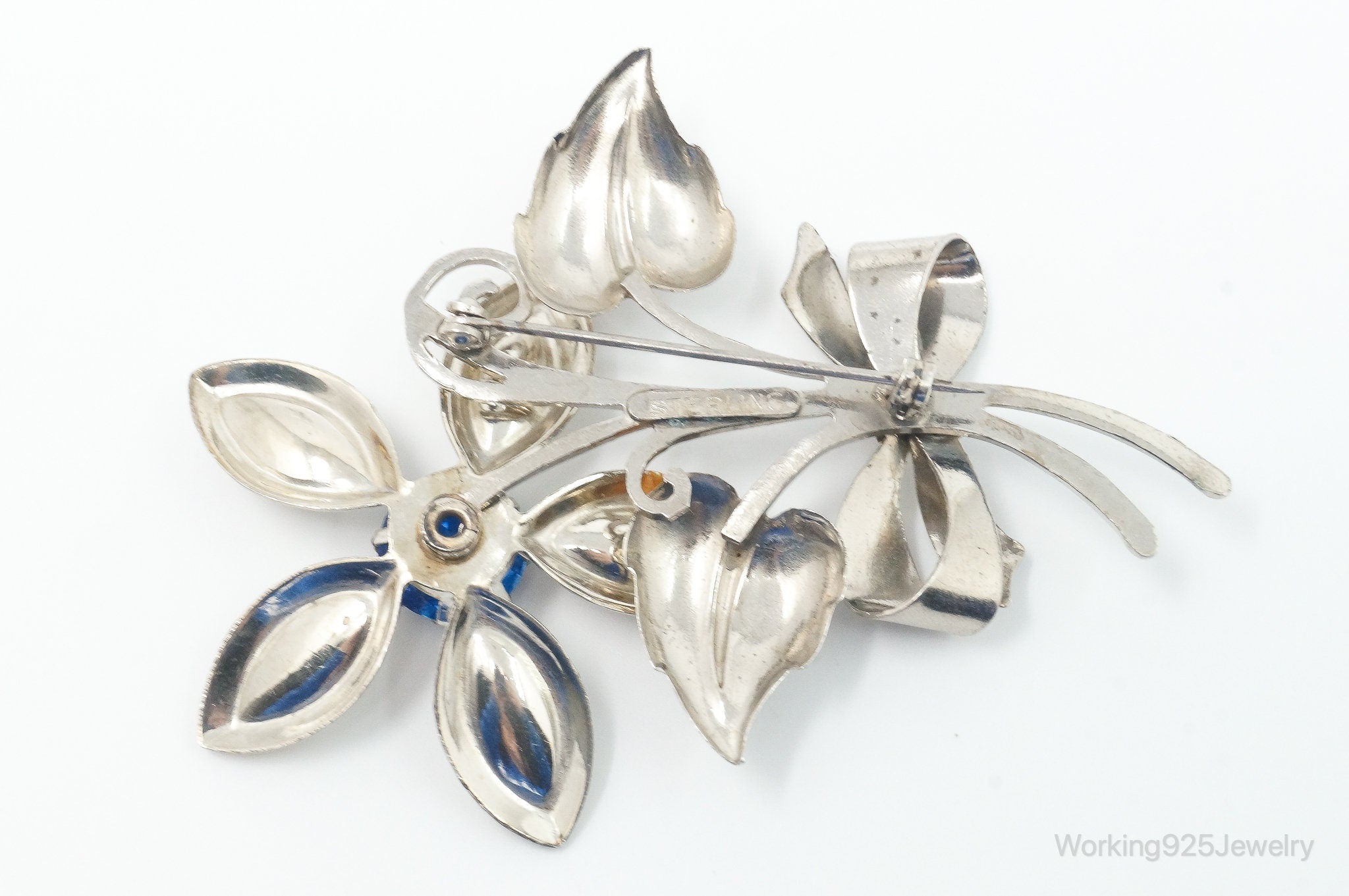 Antique Large Blue Art Glass Flower Sterling Silver Brooch Pin