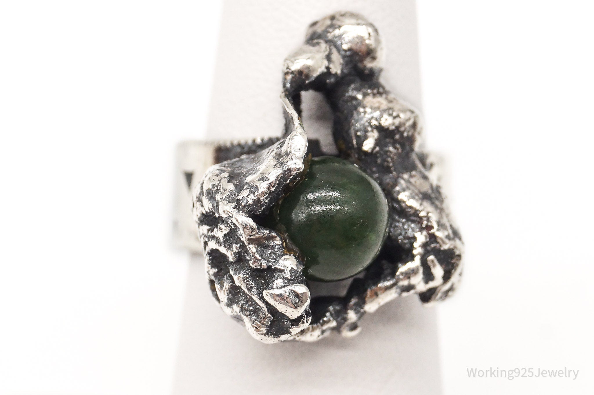 Vintage Brutalist Jade Sterling Silver Ring - Size 6.25