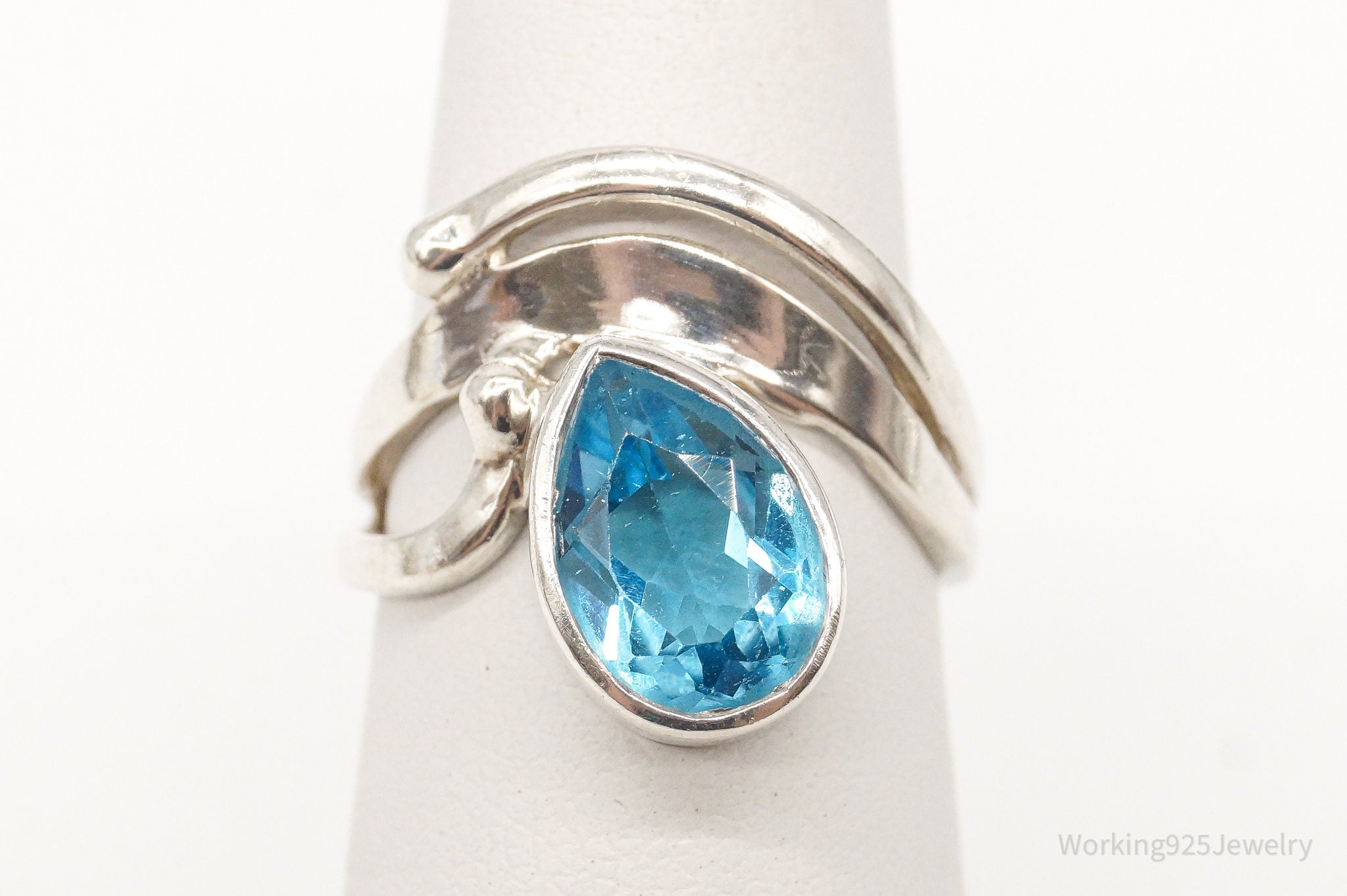 Vintage Large Blue Topaz Gemstone Sterling Silver Ring - Size 4.75