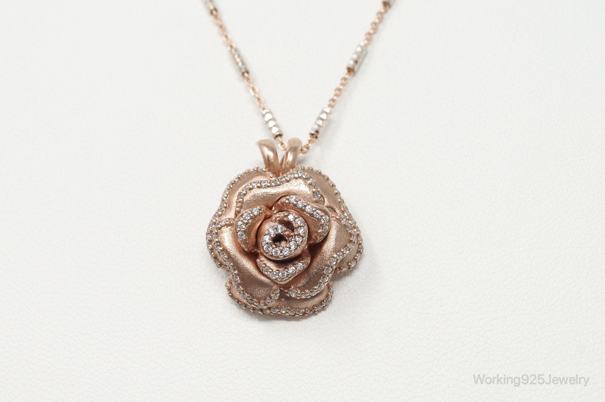 Vintage Cubic Zirconia Rose Gold Vermeil Sterling Silver Flower Necklace