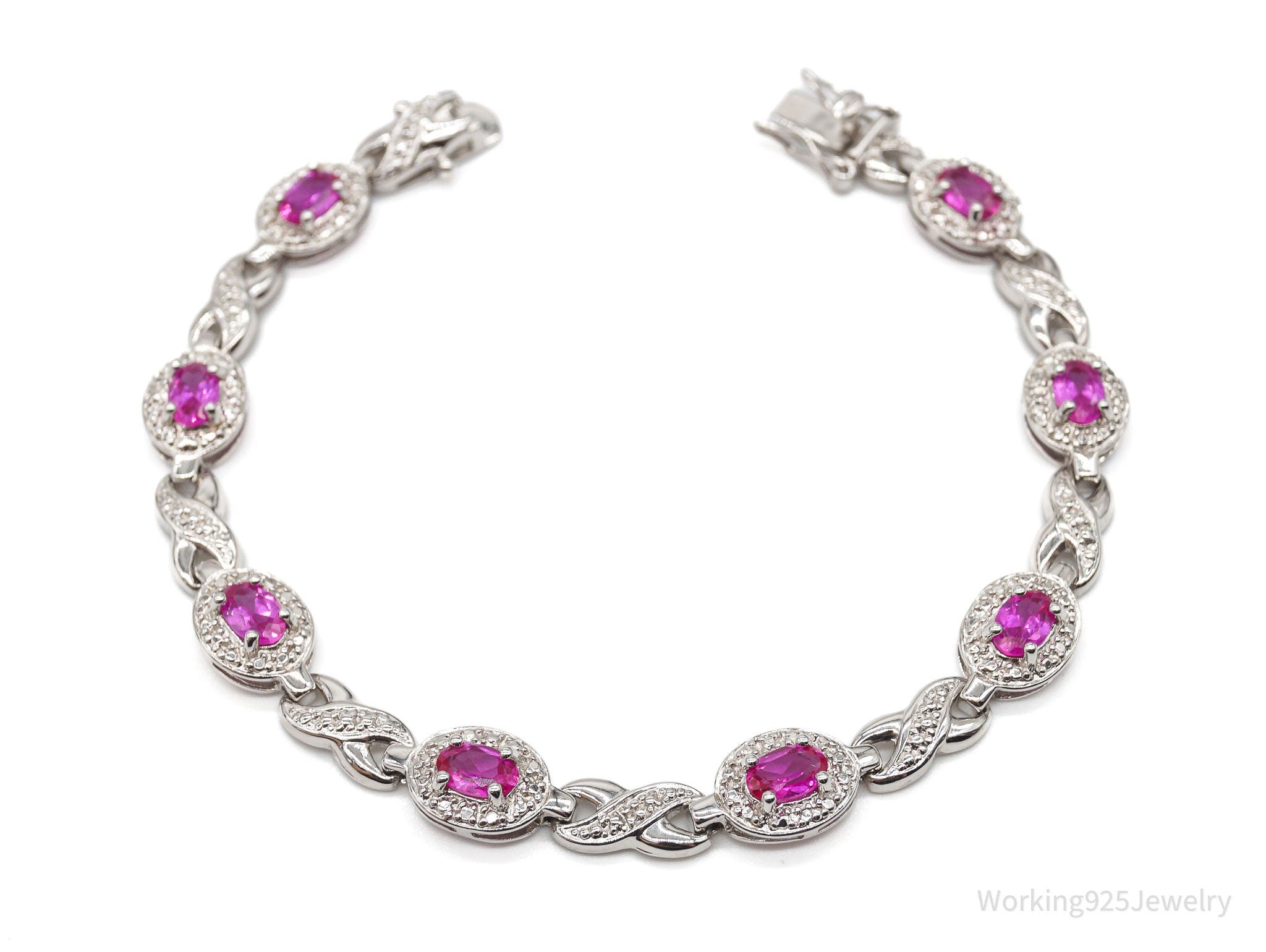 Designer Ross Simons Lab Pink Sapphires & 1 Diamond Sterling Silver Bracelet