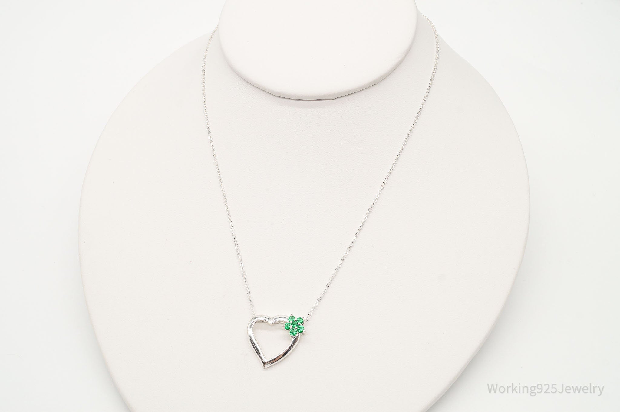 Vintage Designer Avon Green Cubic Zirconia Heart Sterling Silver Necklace