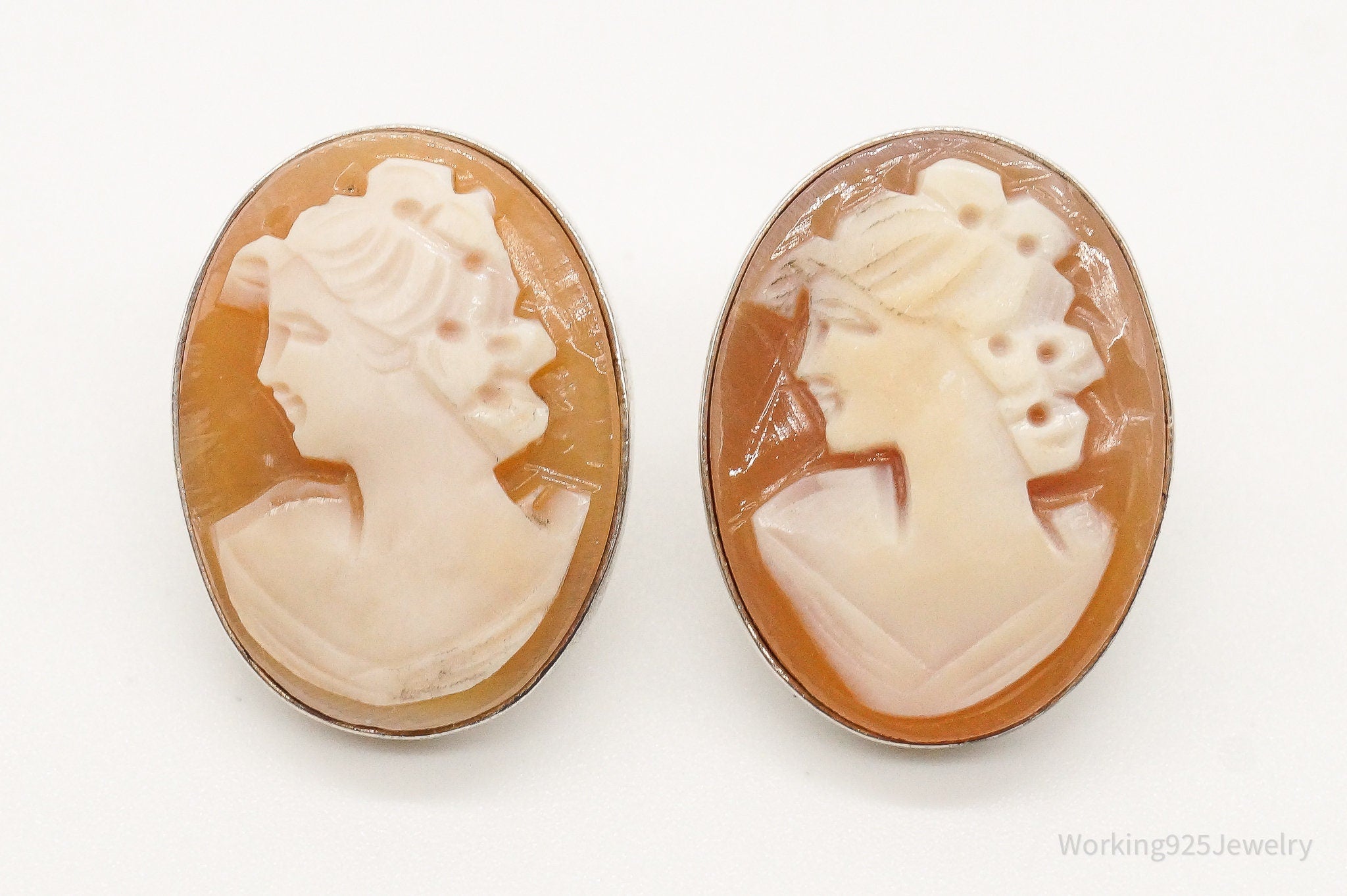 Vintage Carved Shell Woman Cameo Sterling Silver Earrings