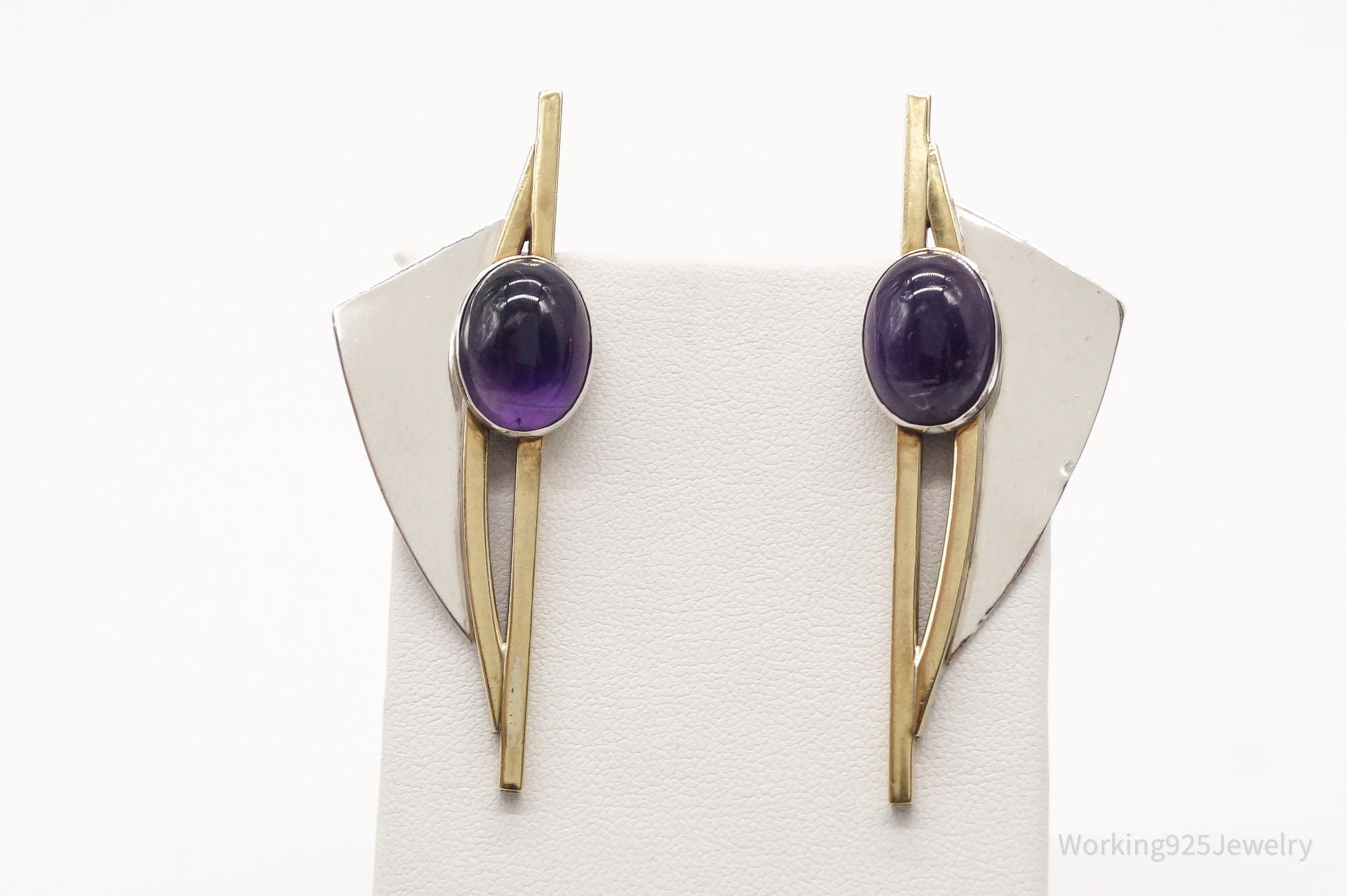 Large Vintage Modernist AJV Amethyst Brass Sterling Silver Earrings