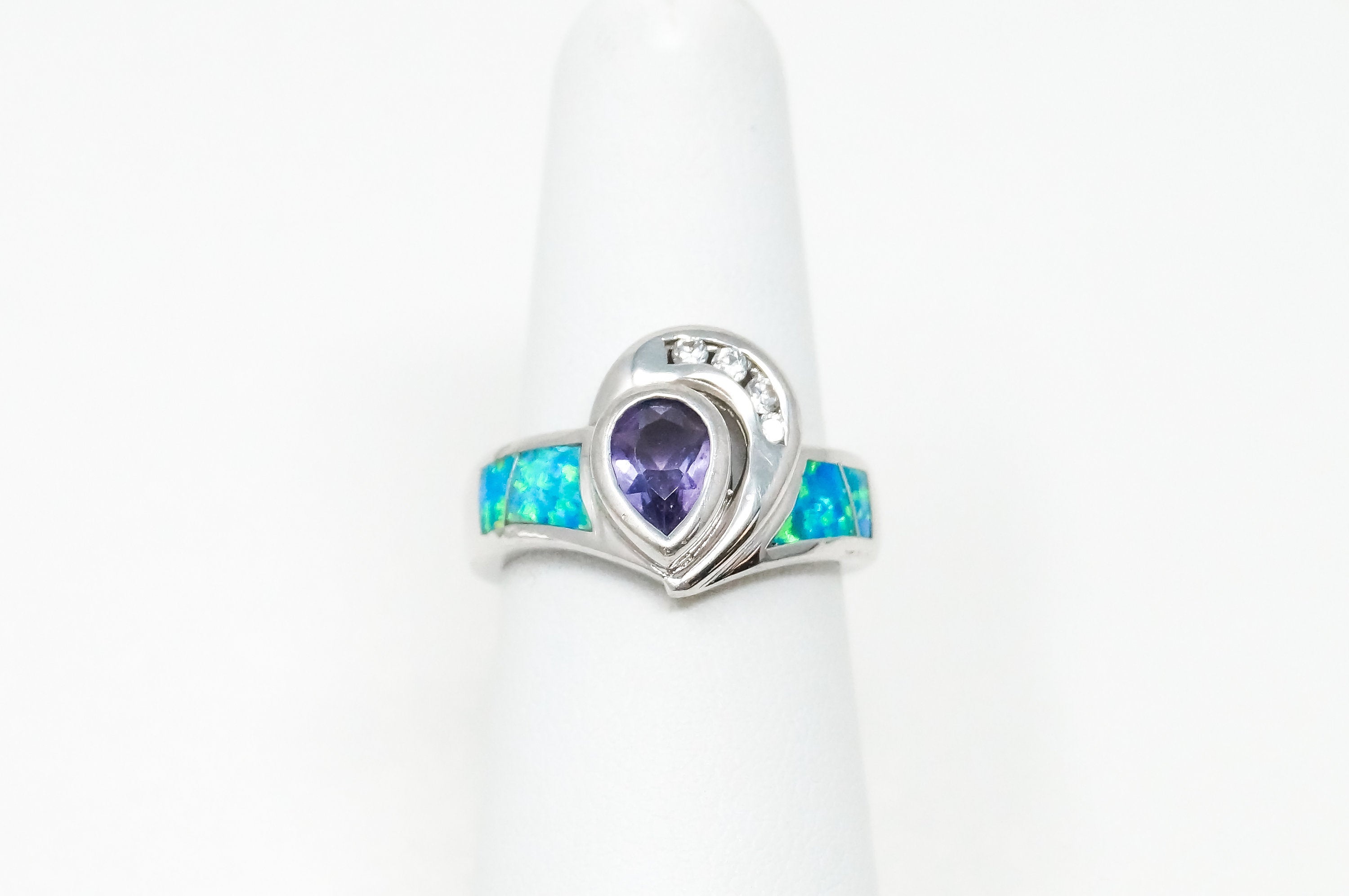 Vintage Art Deco Amethyst Fire Opal CZ Sterling Silver Ring - Sz 5.5 -784623434