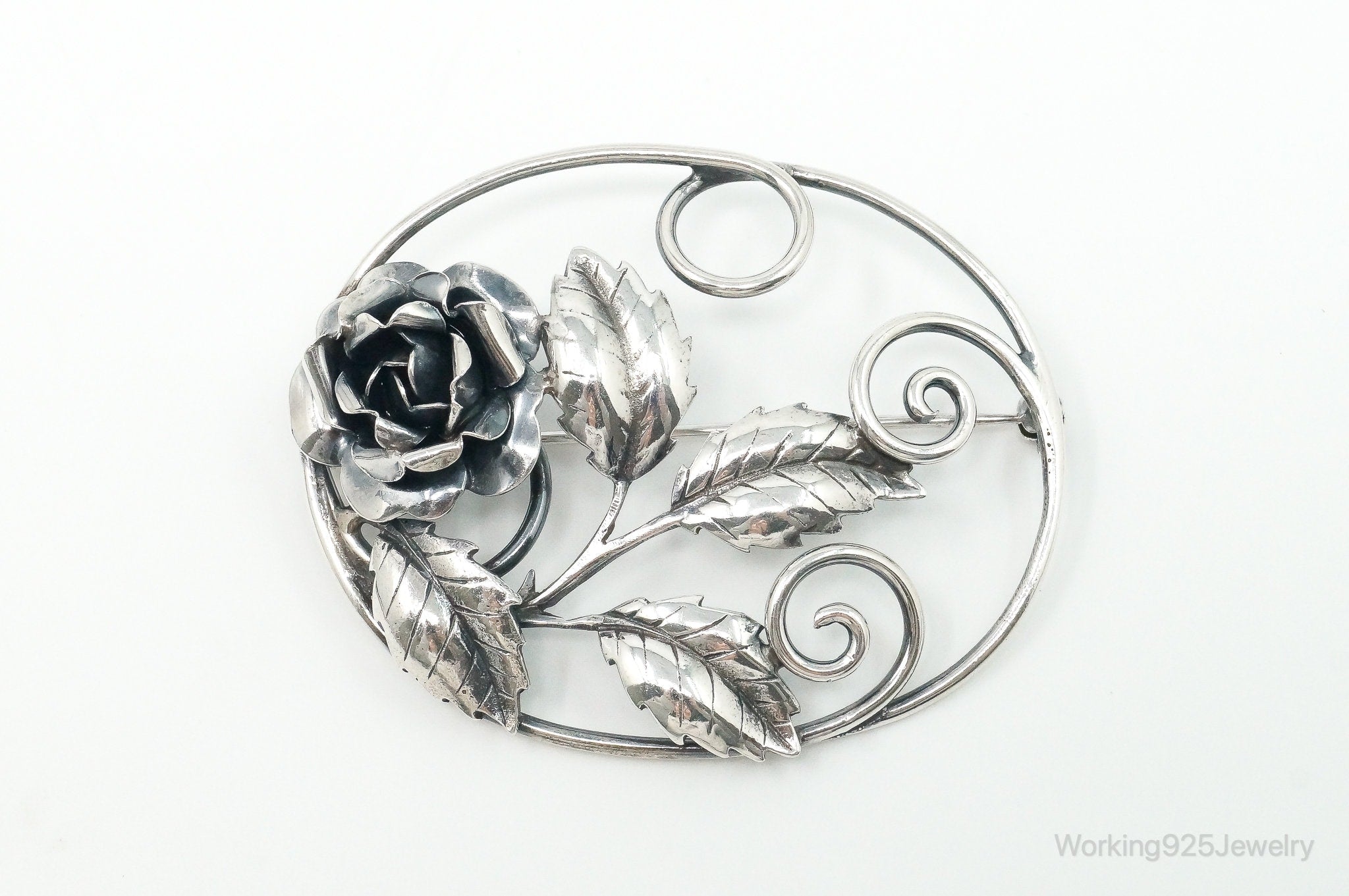 Antique Large Floral Sterling Silver Brooch Pin