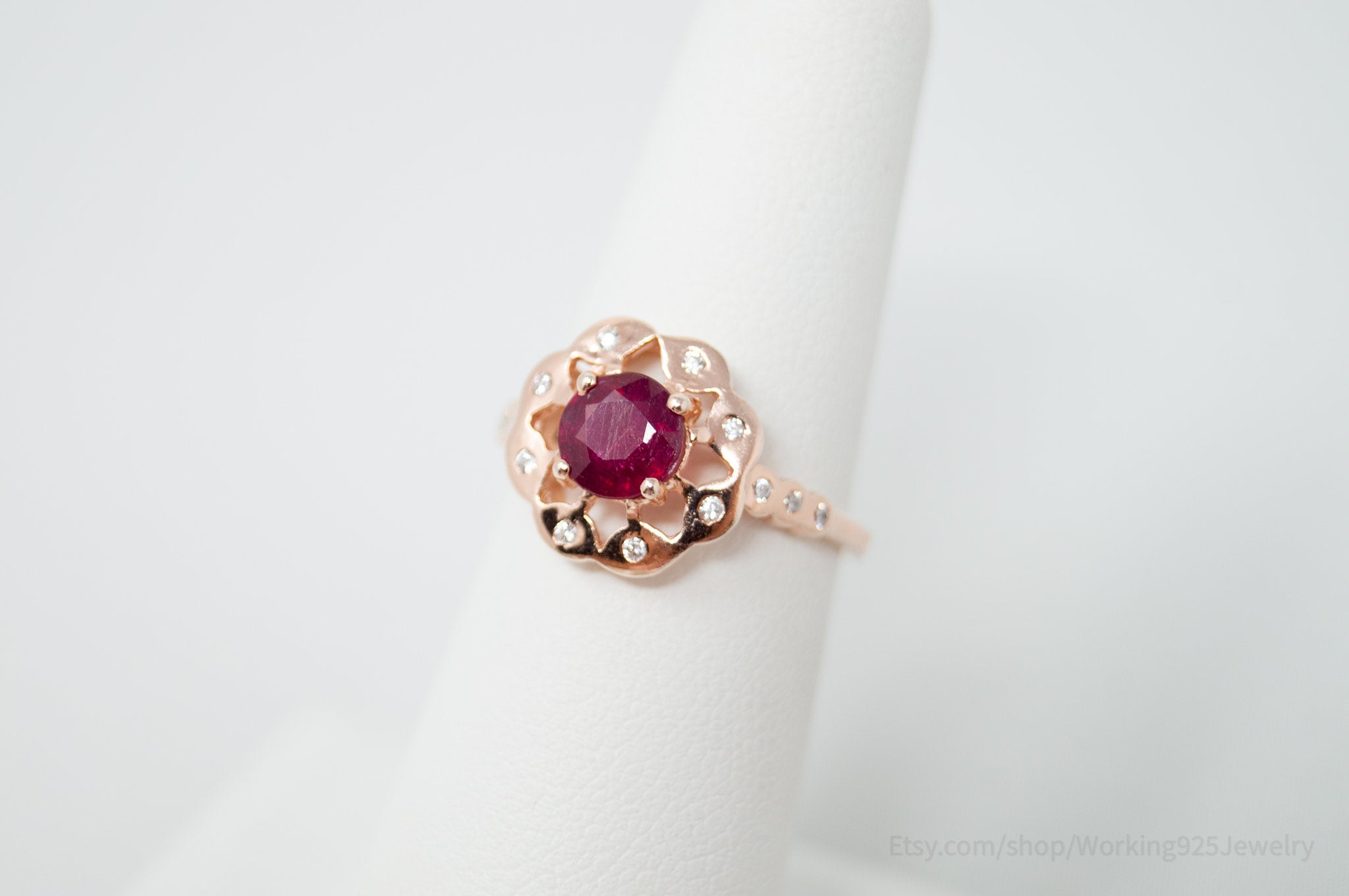 Vintage Deco Style Ruby CZ Rose Gold Vermeil Sterling Silver Ring - Sz 5.75