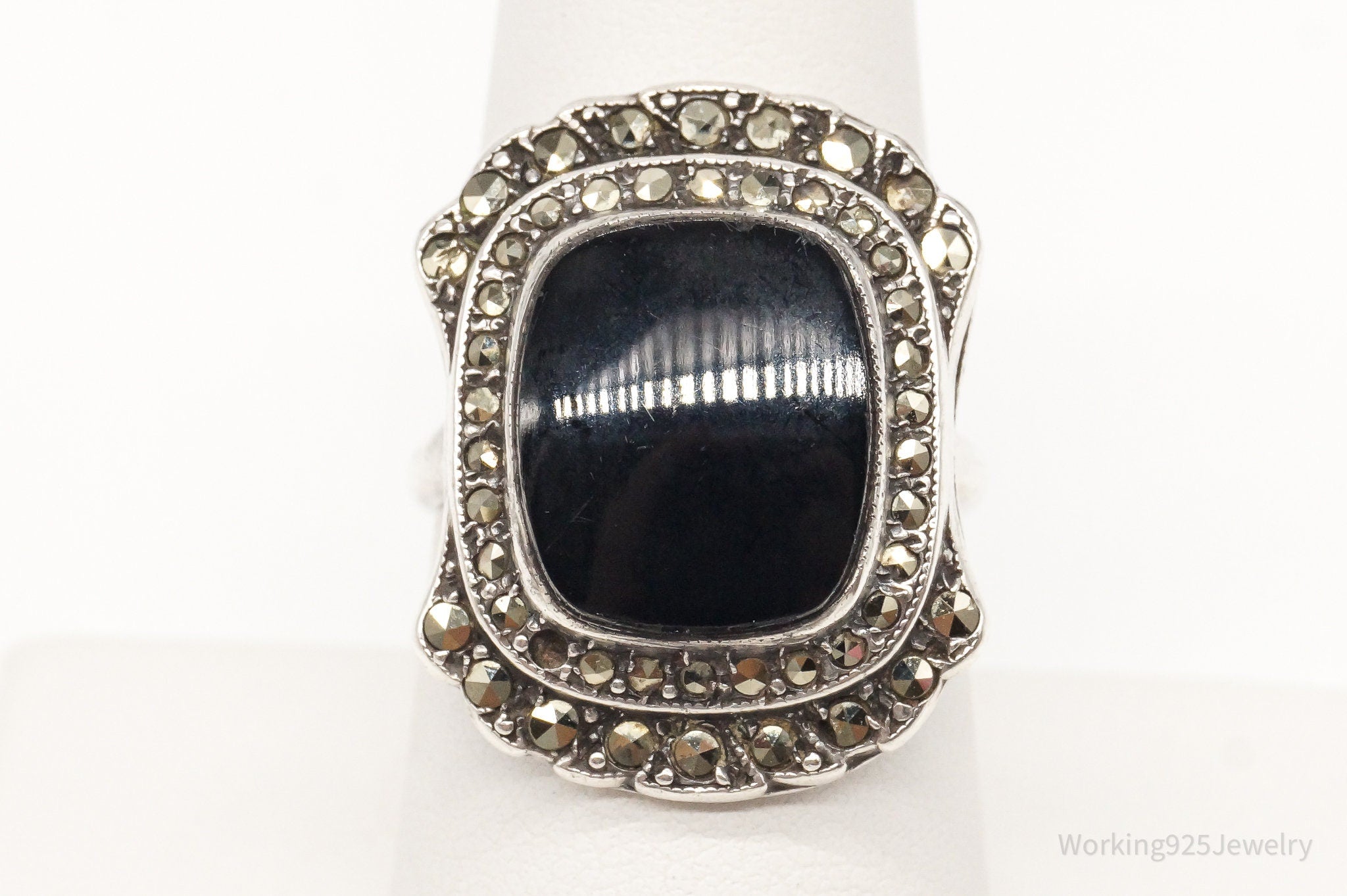 Antique Black Onyx Marcasite Sterling Silver Ring SZ 7.75