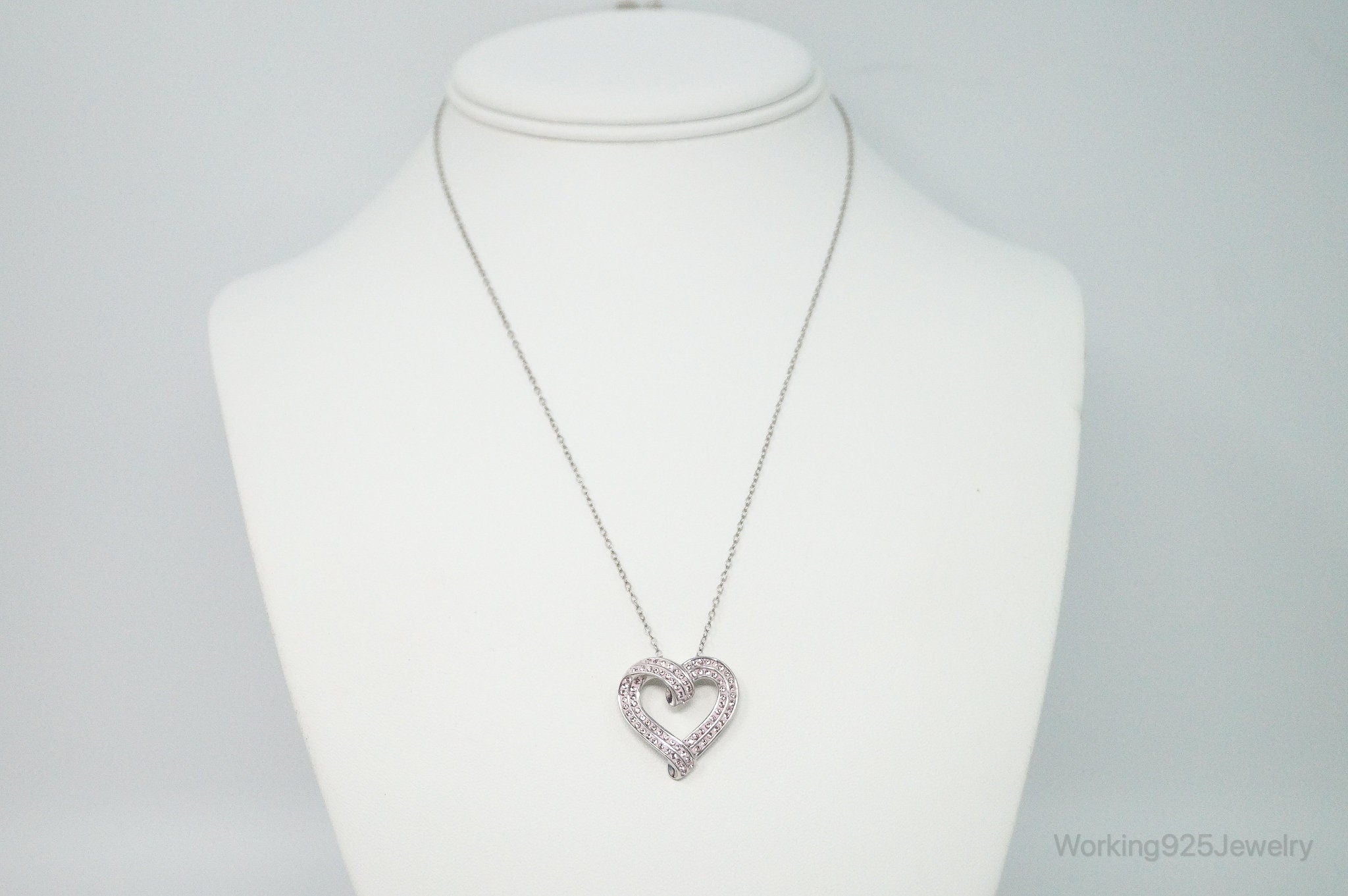 Vintage Designer RL Heart Pink Cubic Zirconia Sterling Silver Necklace