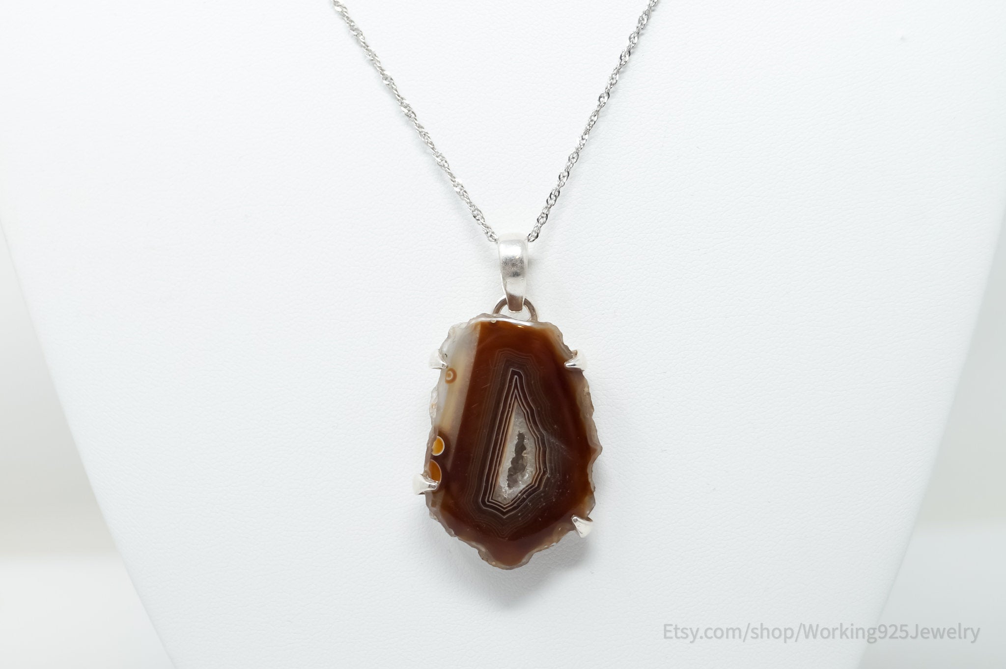 Vintage Large Brown Crazy Lace Agate Sterling Silver Necklace