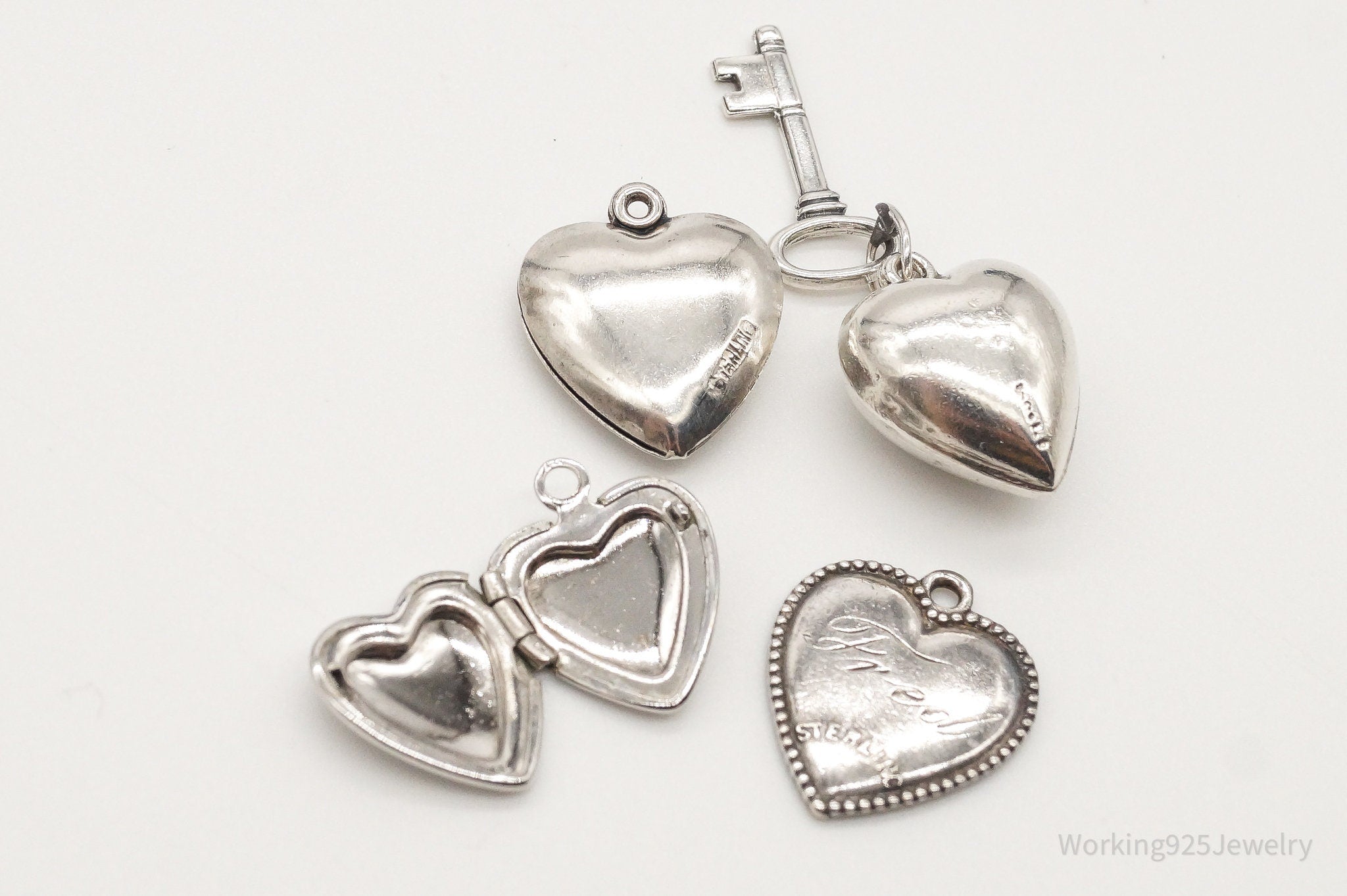 Antique Puffy Hearts Sterling Silver Charms Set Lot