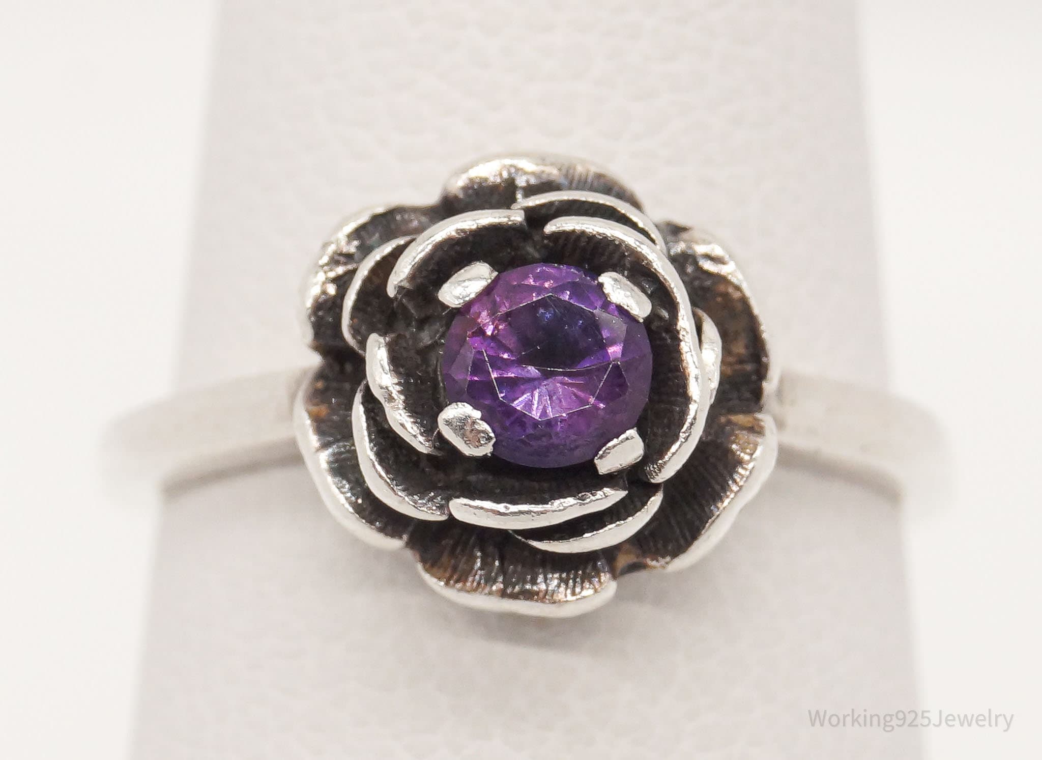 Vintage Amethyst Flower Sterling Silver Ring - Size 4