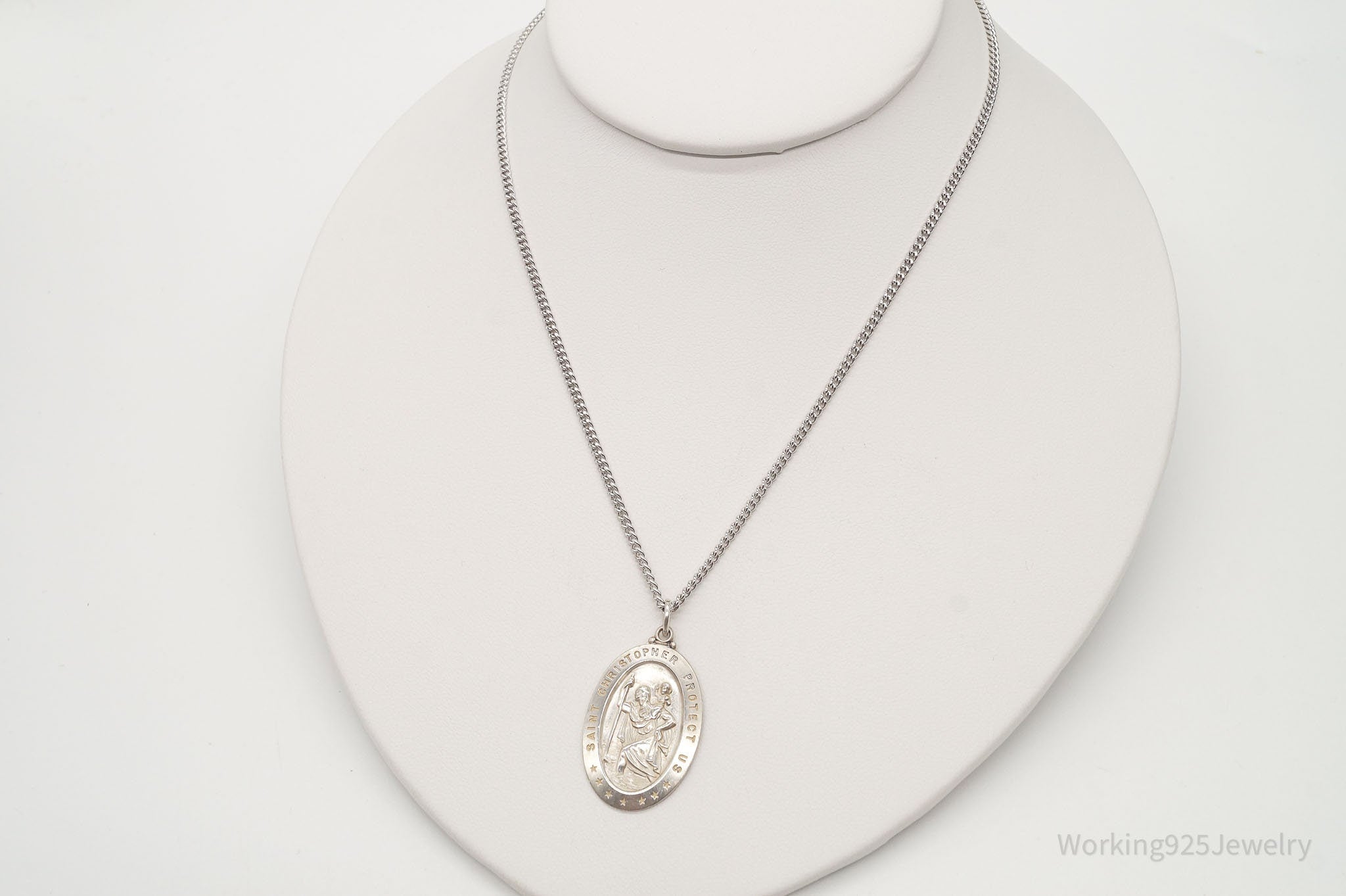 Antique Saint Christopher Protect Us Sterling Silver Pendant on Silver Necklace