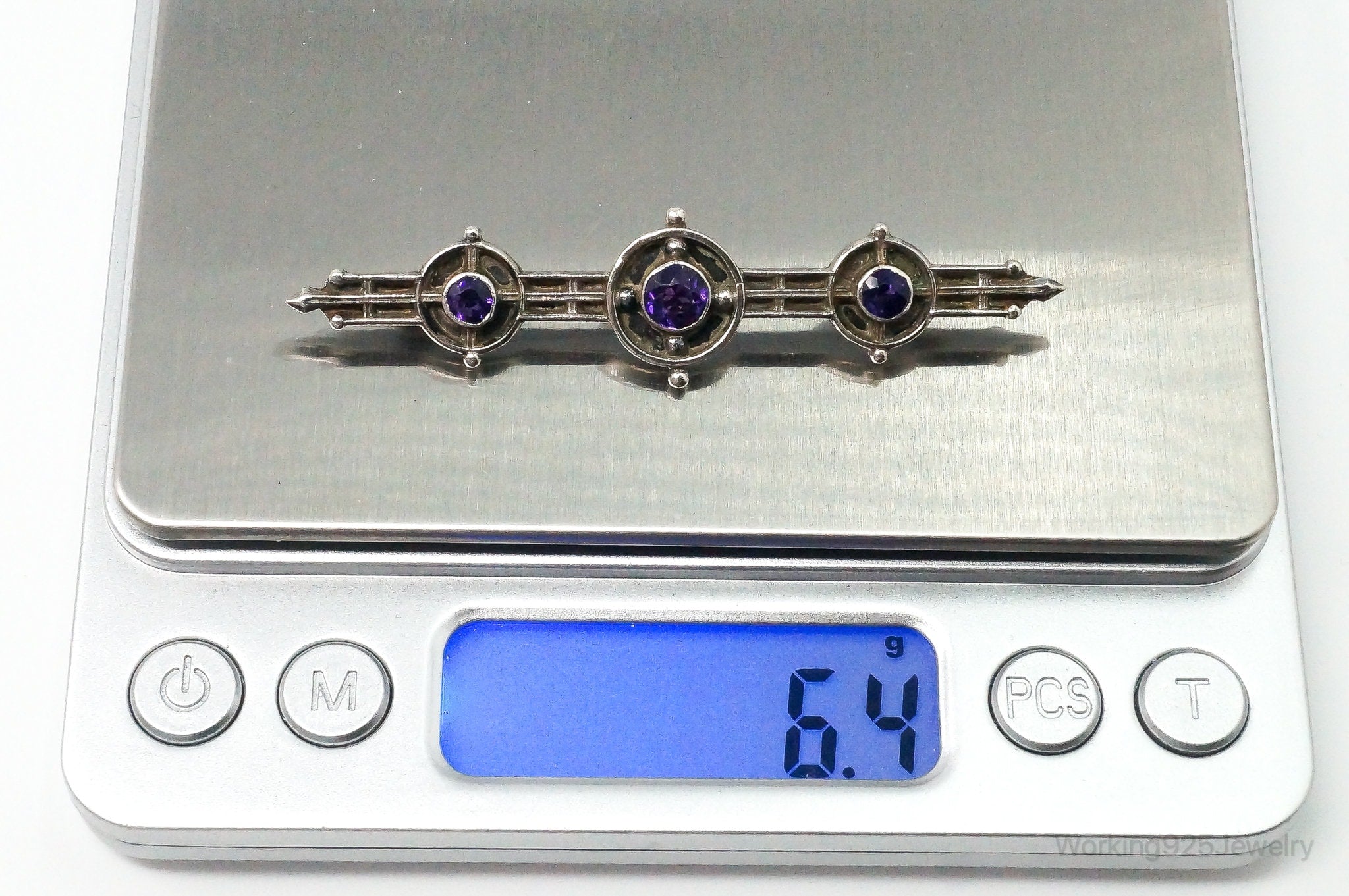 Antique Amethyst Sterling Silver Brooch Pin Bar