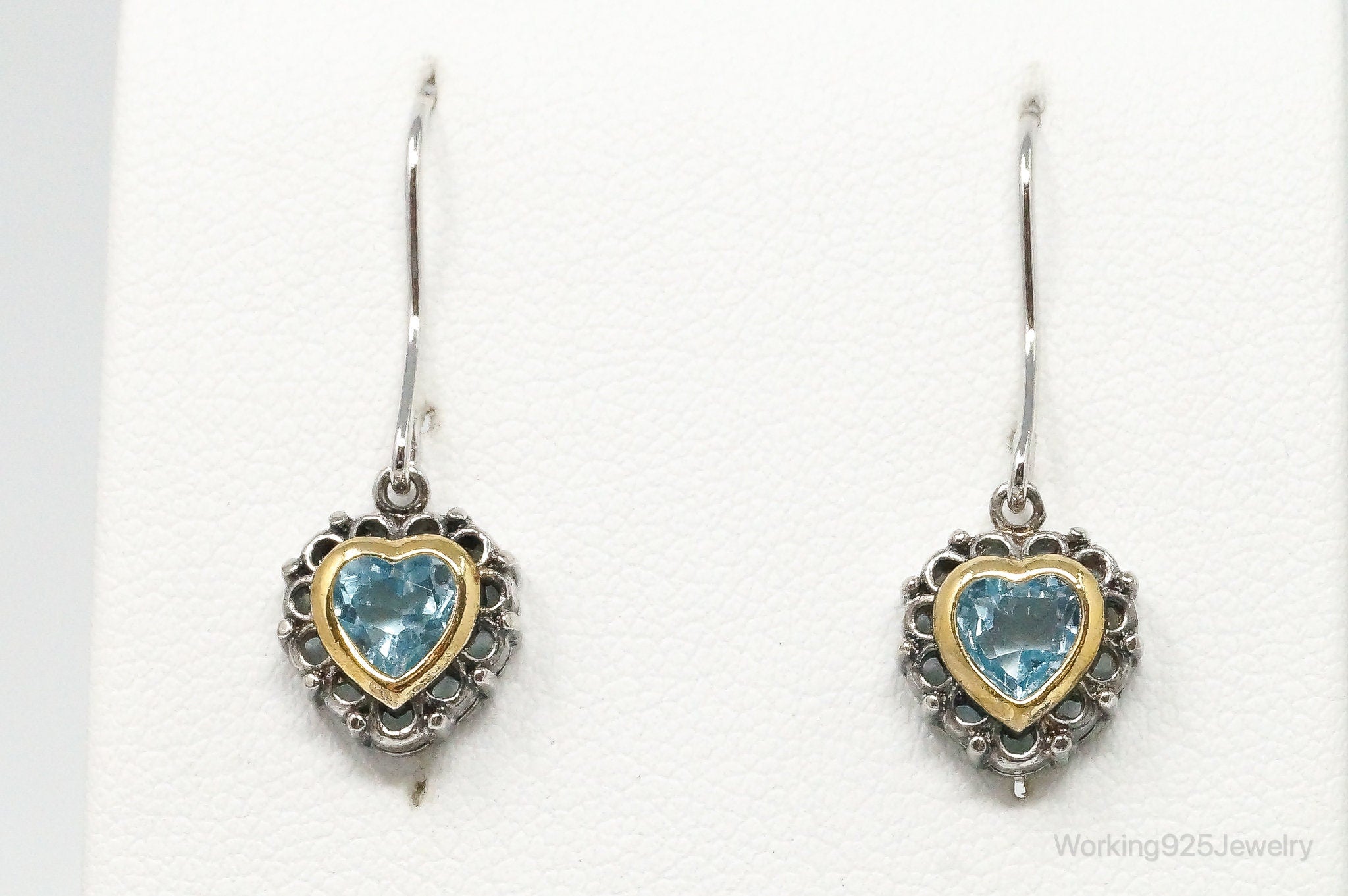 Vintage Blue Topaz Heart Art Deco Sterling Silver Earrings