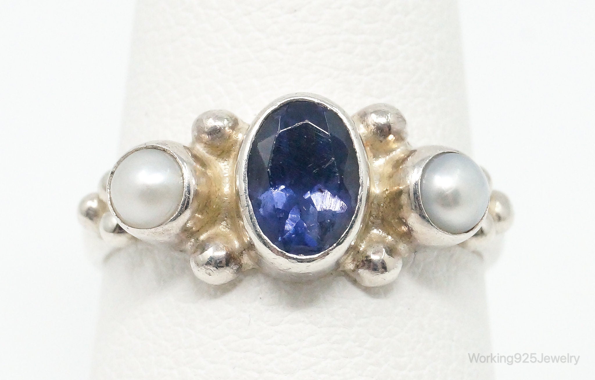 Vintage Iolite Pearl Sterling Silver Ring - Size 6.75