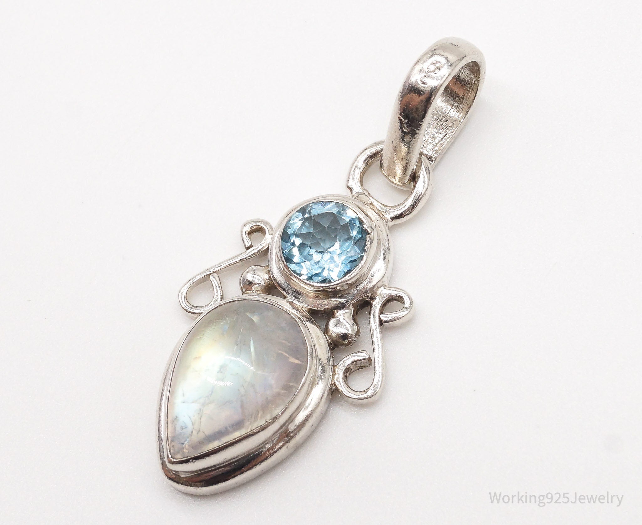 Vintage Designer SJ Blue Topaz Moonstone Sterling Pendant