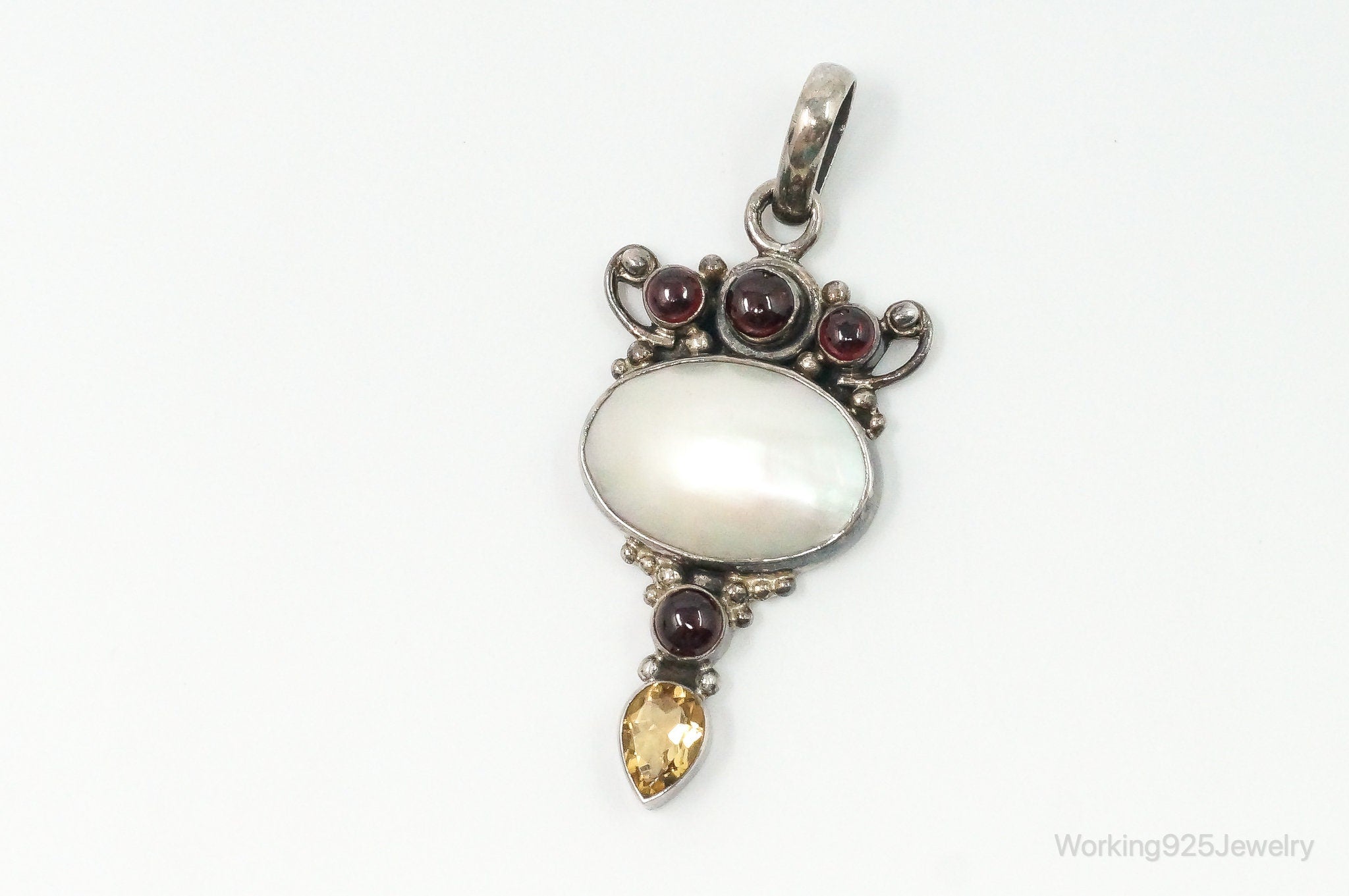 Large Vintage Mothe Of Pearl Citrine Garnet Sterling Silver Pendant