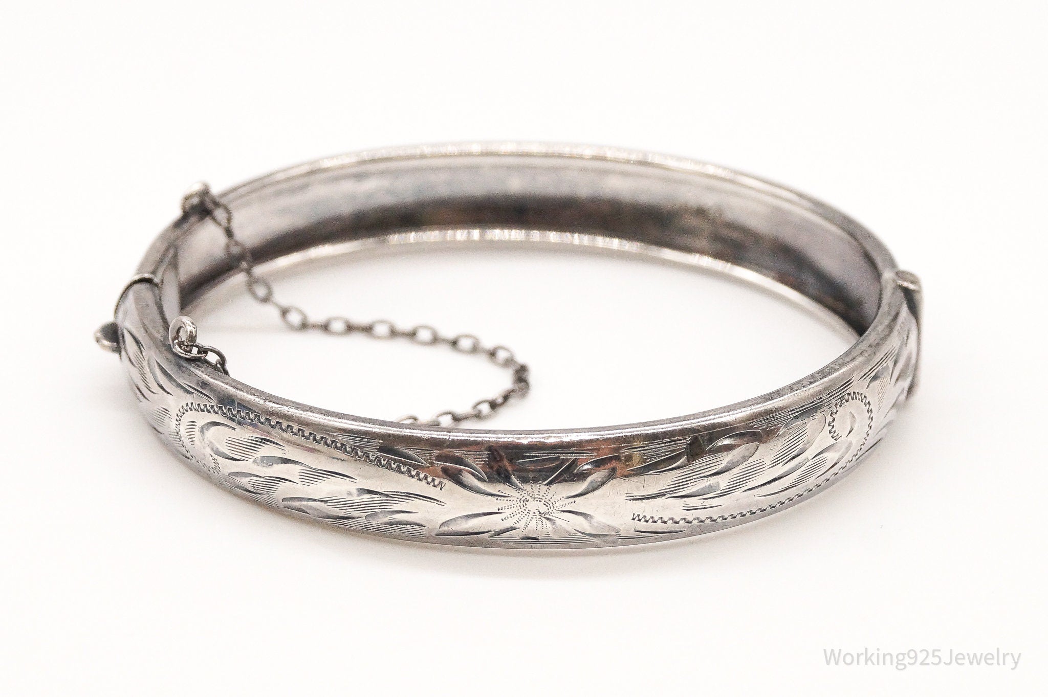 Antique Floral Etched Sterling Silver Bracelet