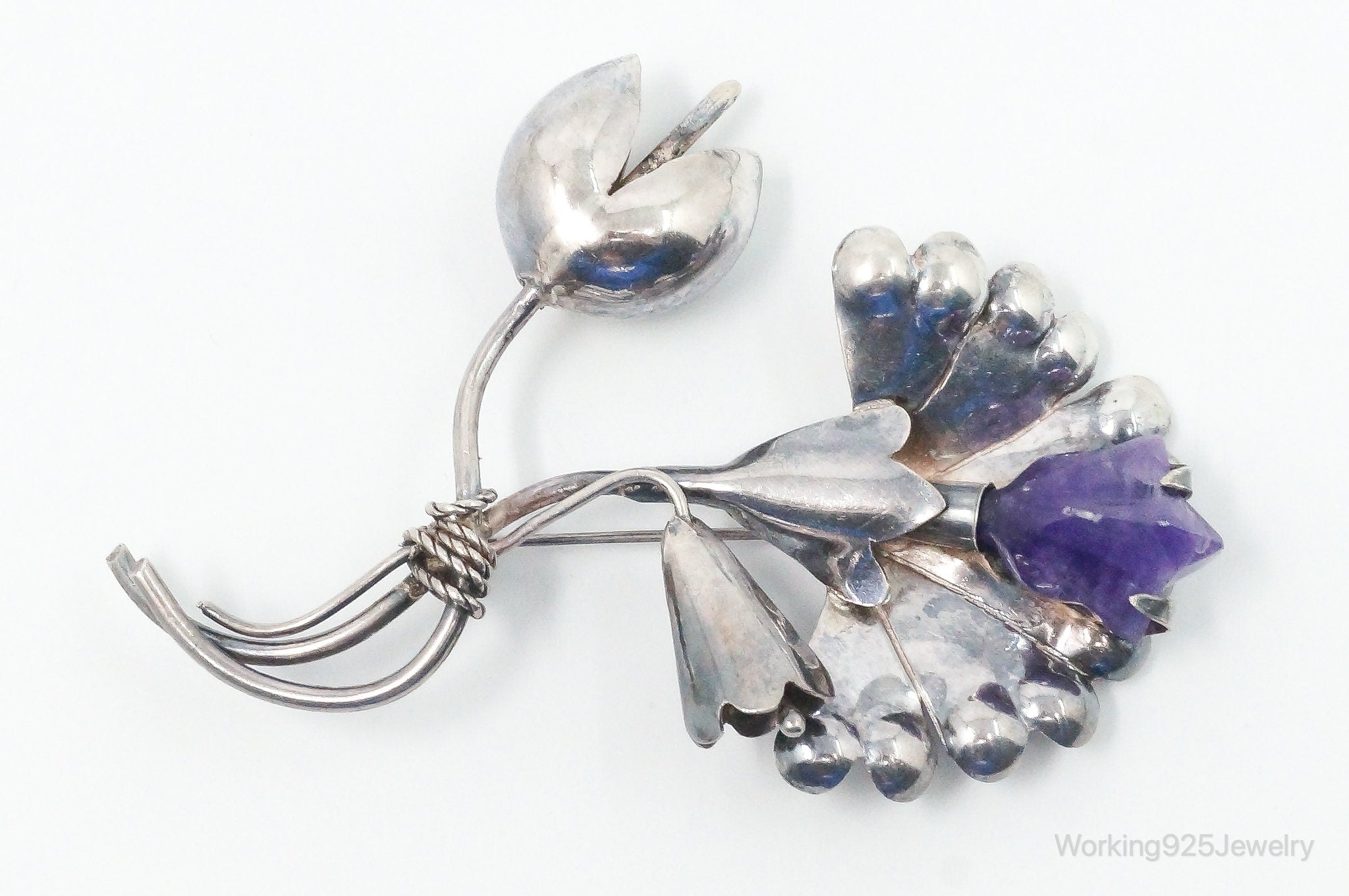 Large Vintage Mexico Modernist Amethyst Flower Sterling Silver Brooch Pin