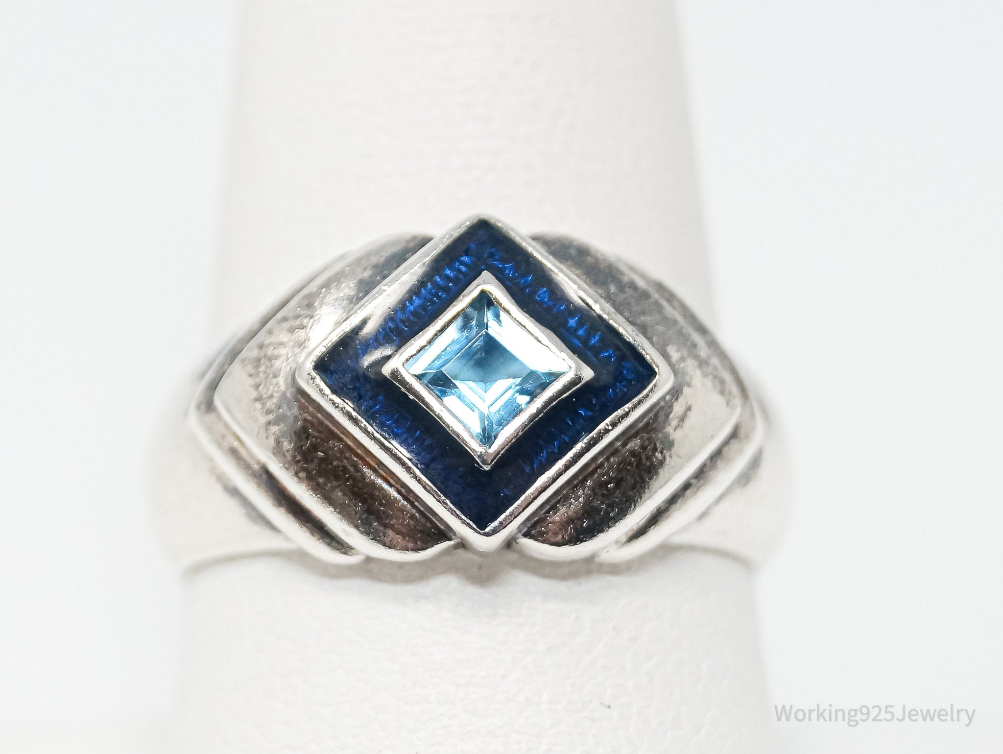 Vintage Designer CNA Blue Topaz Enamel Sterling Silver Ring - SZ 9