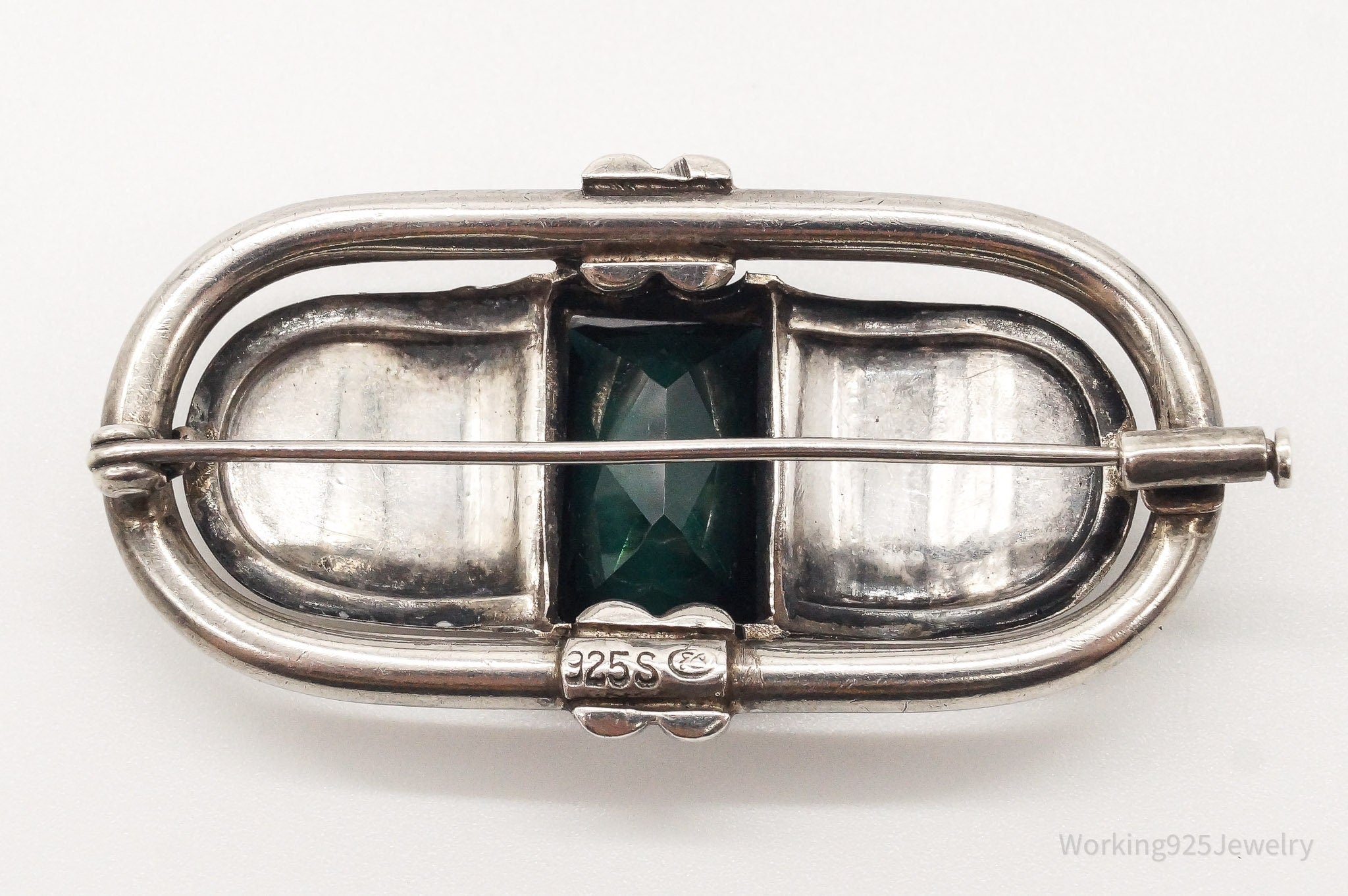 Vintage Green Stone Modernist Sterling Silver Brooch Pin