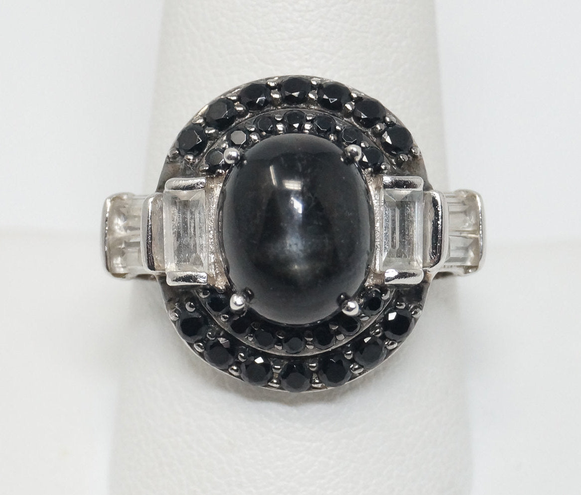 Vintage Black Gemstone Sapphire CZ Sterling Silver Ring - Sz 10