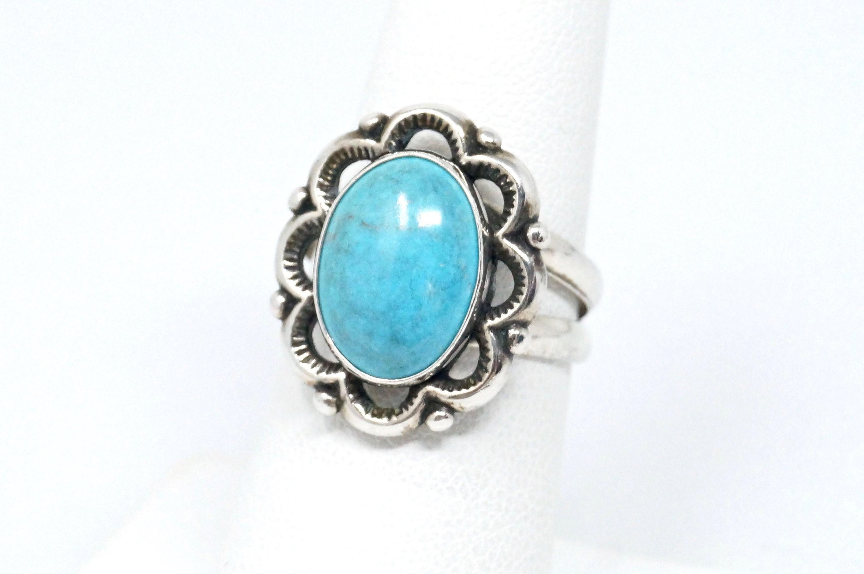 Vintage Designer QT Blue Turquoise Southwestern Sterling Silver Ring - Size 7