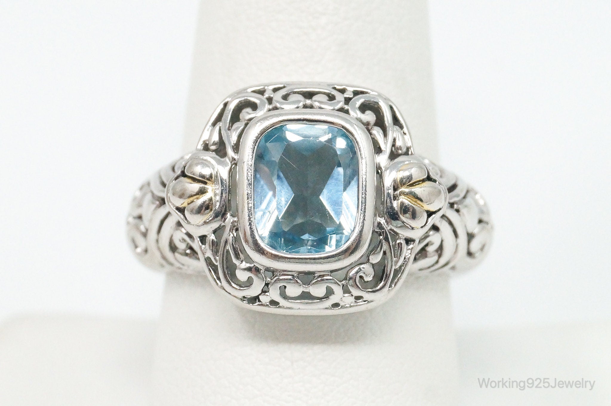 Vintage Designer FD Blue Topaz Gold Wash Sterling Silver Ring - Size 9