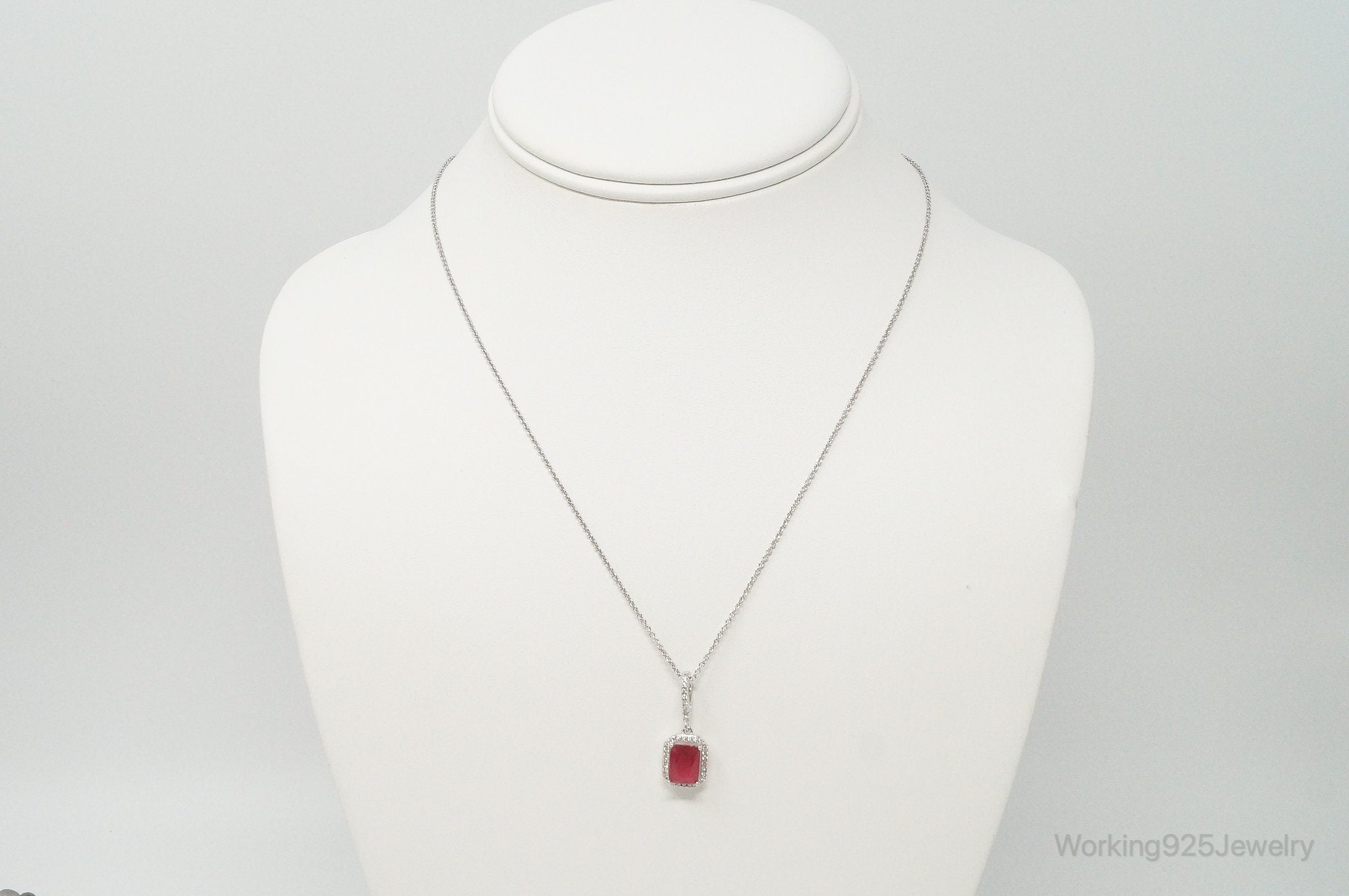 Vintage Art Deco Ruby Cubic Zirconia Sterling Silver Necklace