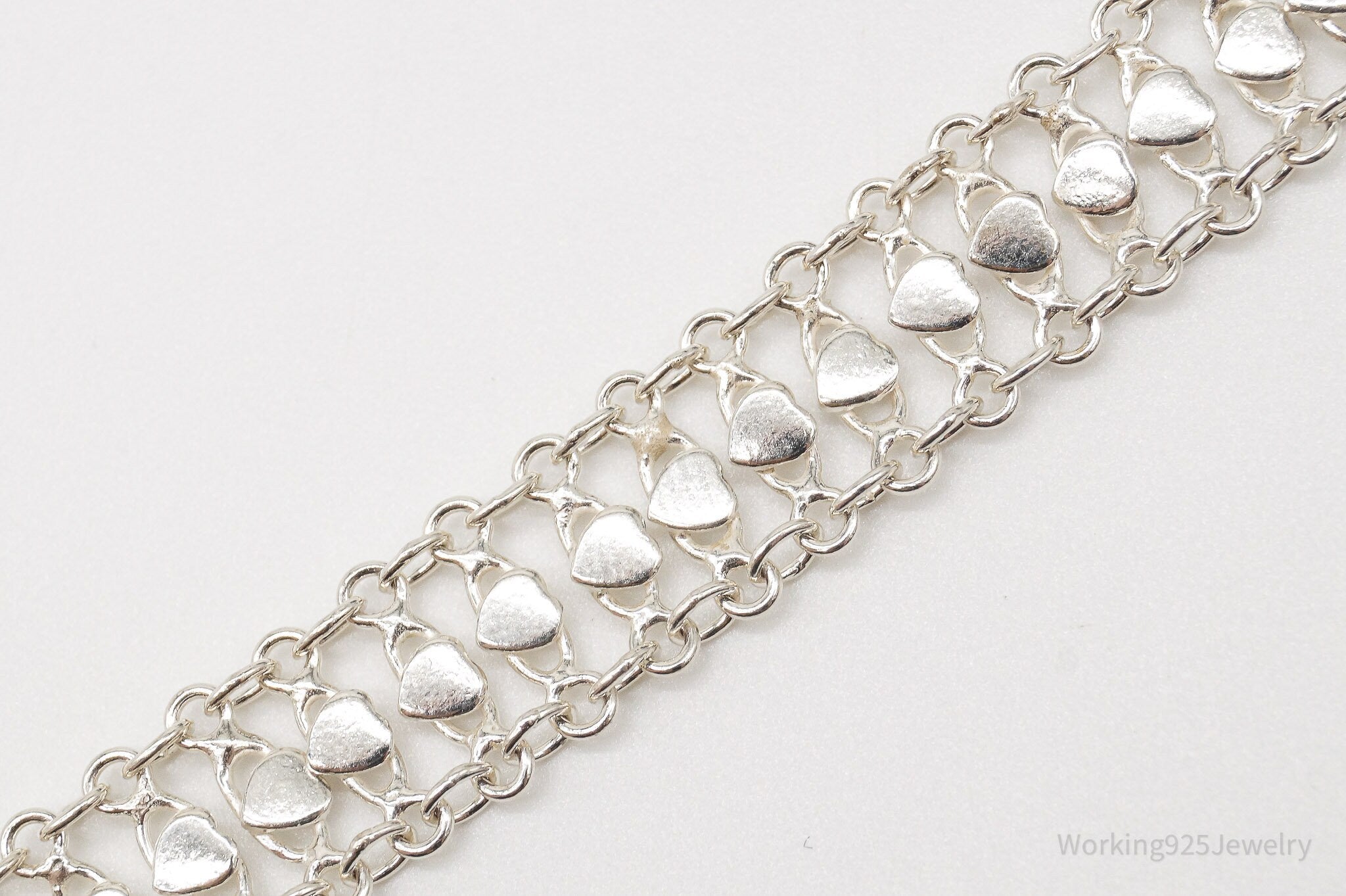 Vintage Hearts Mesh Chain Link Sterling Silver Bracelet