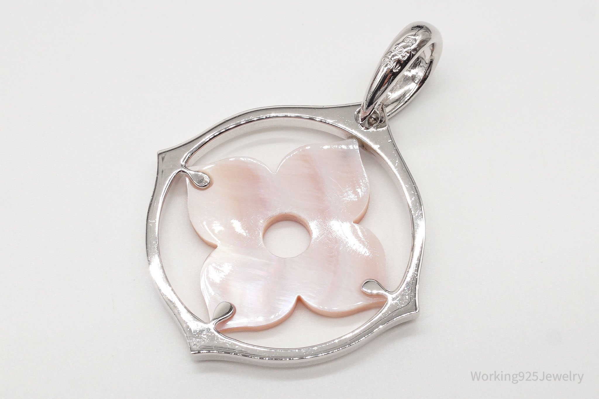 Vintage Large Carved Mother Of Pearl Flower Sterling Silver Pendant