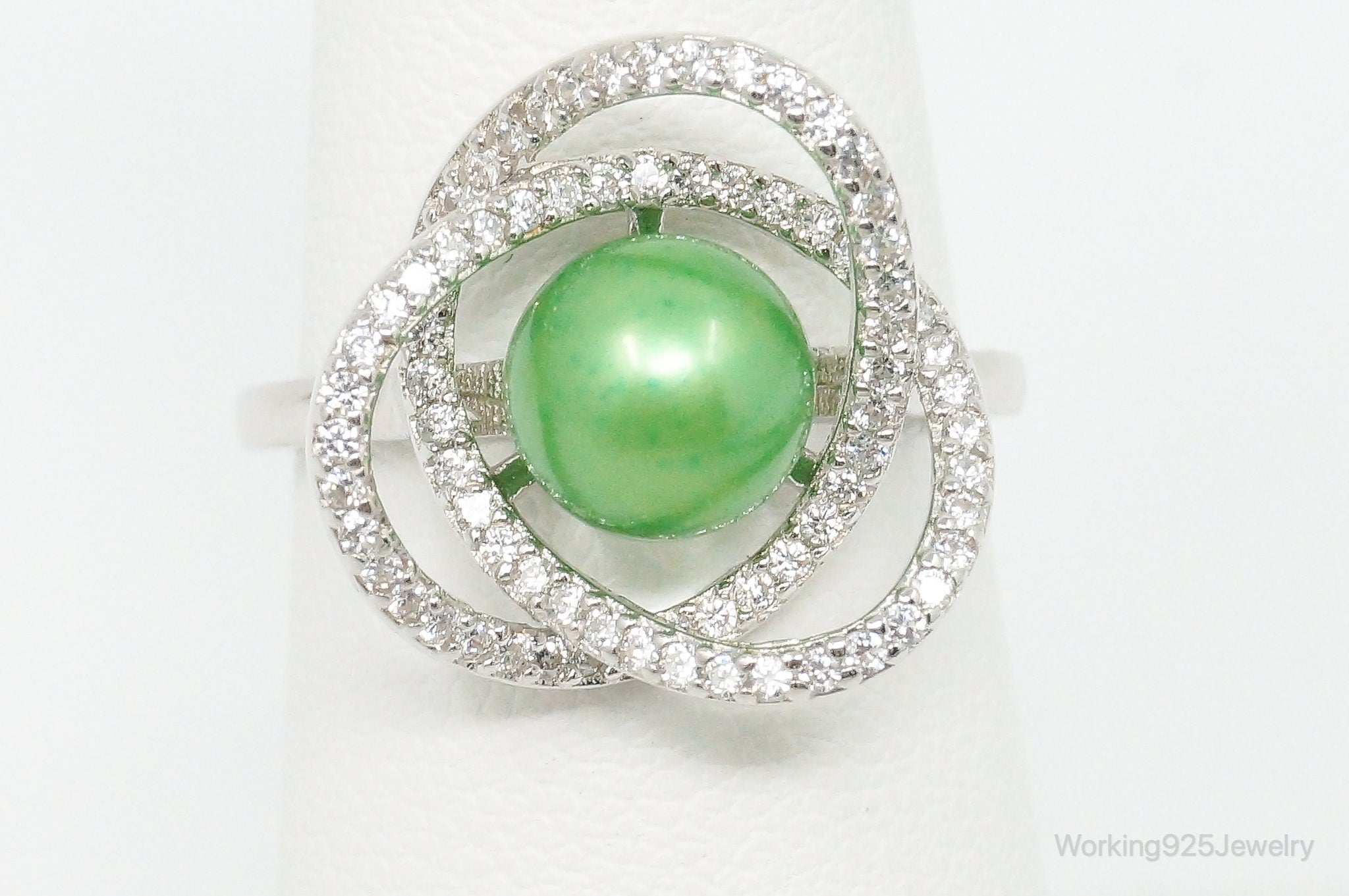 Lab Green Pearl Cubic Zirconia Sterling Silver Ring Size - 6.5 Adjustable