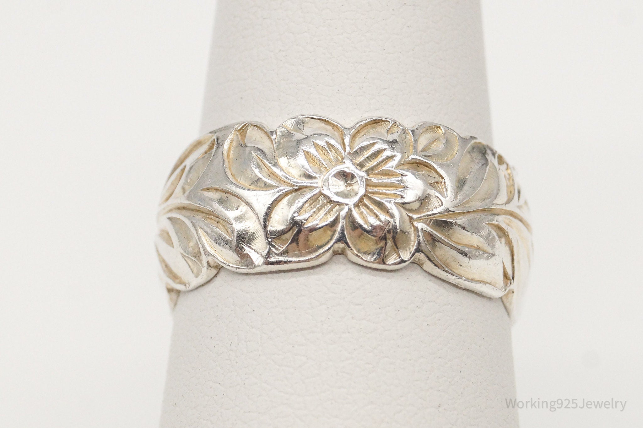 Reserved* Vintage Floral Sterling Silver Band Ring - Size 6