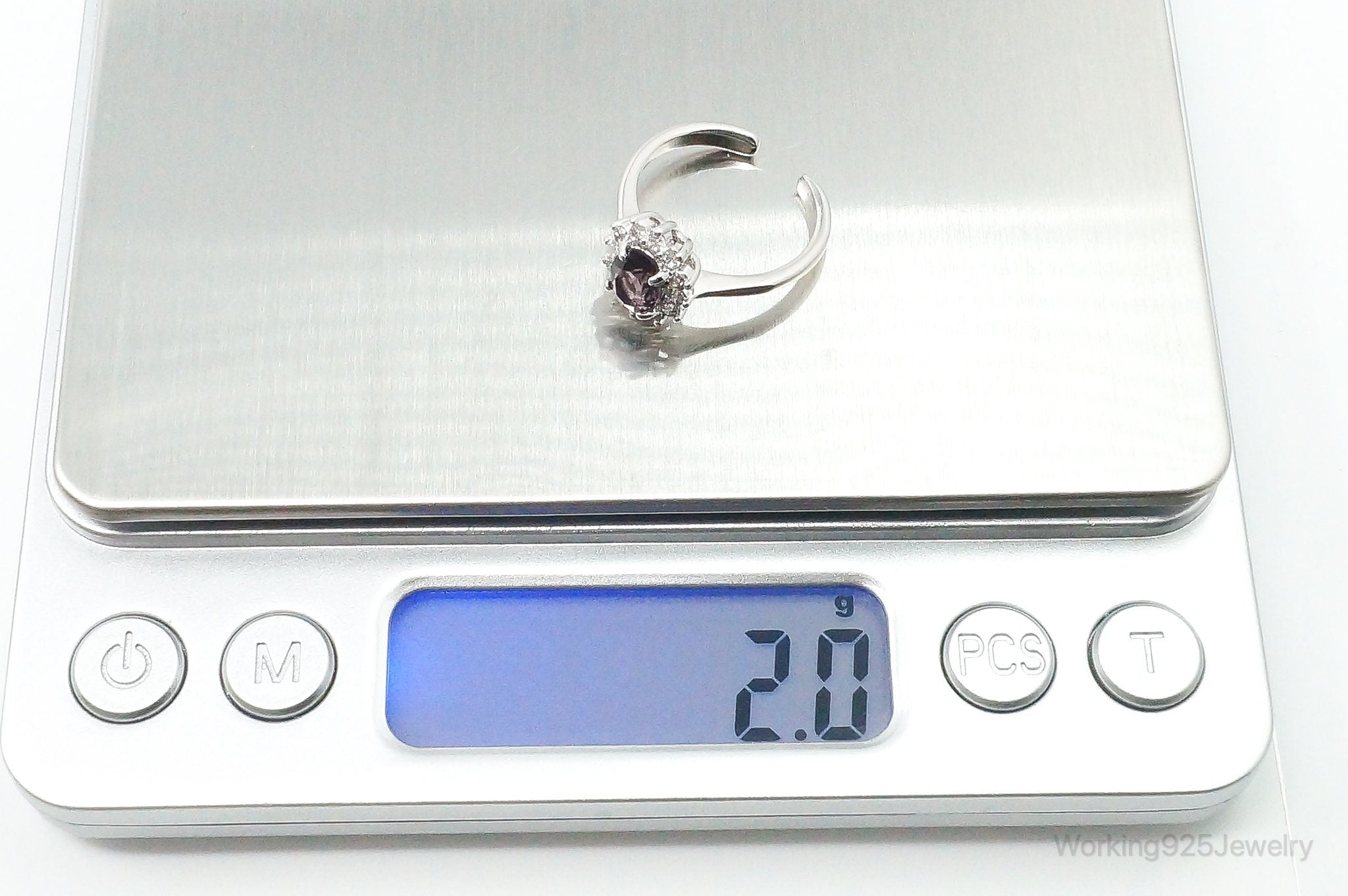 Vintage Amethyst Cubic Zirconia Rhodium Plated Ring - SZ 5.25 Adjustable