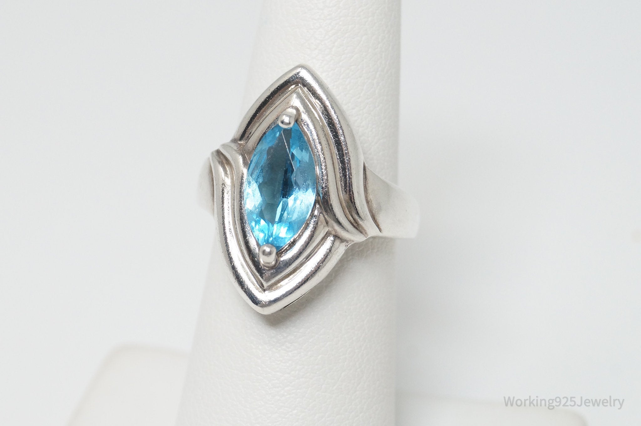 Vintage Designer Blue Topaz Art Deco Sterling Silver Ring - Sz 5.75