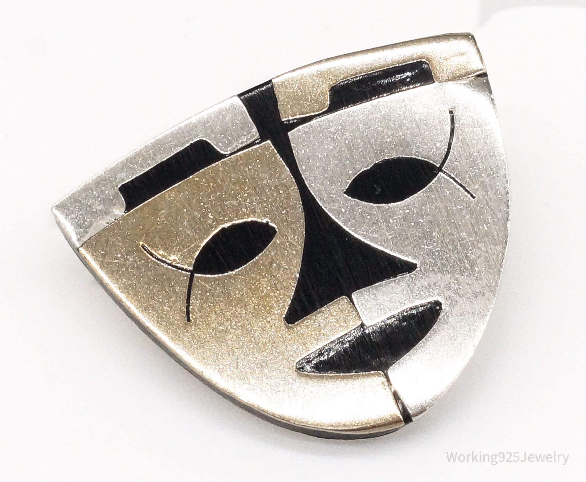 Large Vintage Mexico Warrior Tribal Mask Sterling Silver Two Tone Brooch Pin