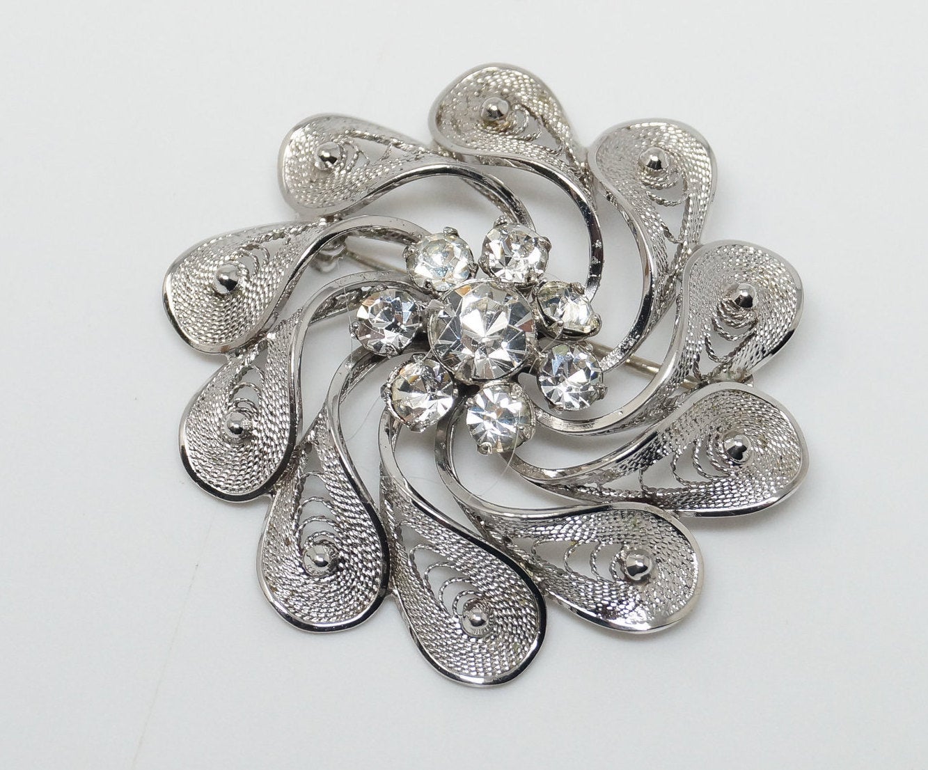 Vintage Designer Ann Lee Rhinestone Floral Filigree Sterling Silver Brooch